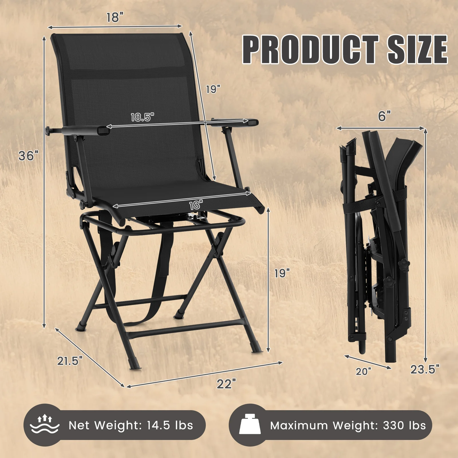 Foldable Swivel Patio Chair, Mesh Back, Black - Image 6