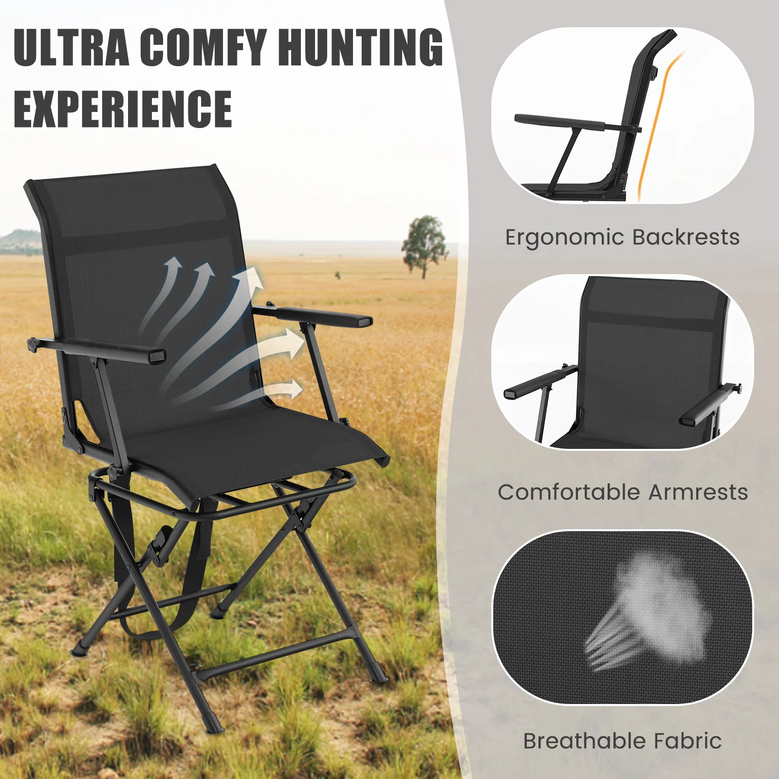 Foldable Swivel Patio Chair, Mesh Back, Black - Image 8