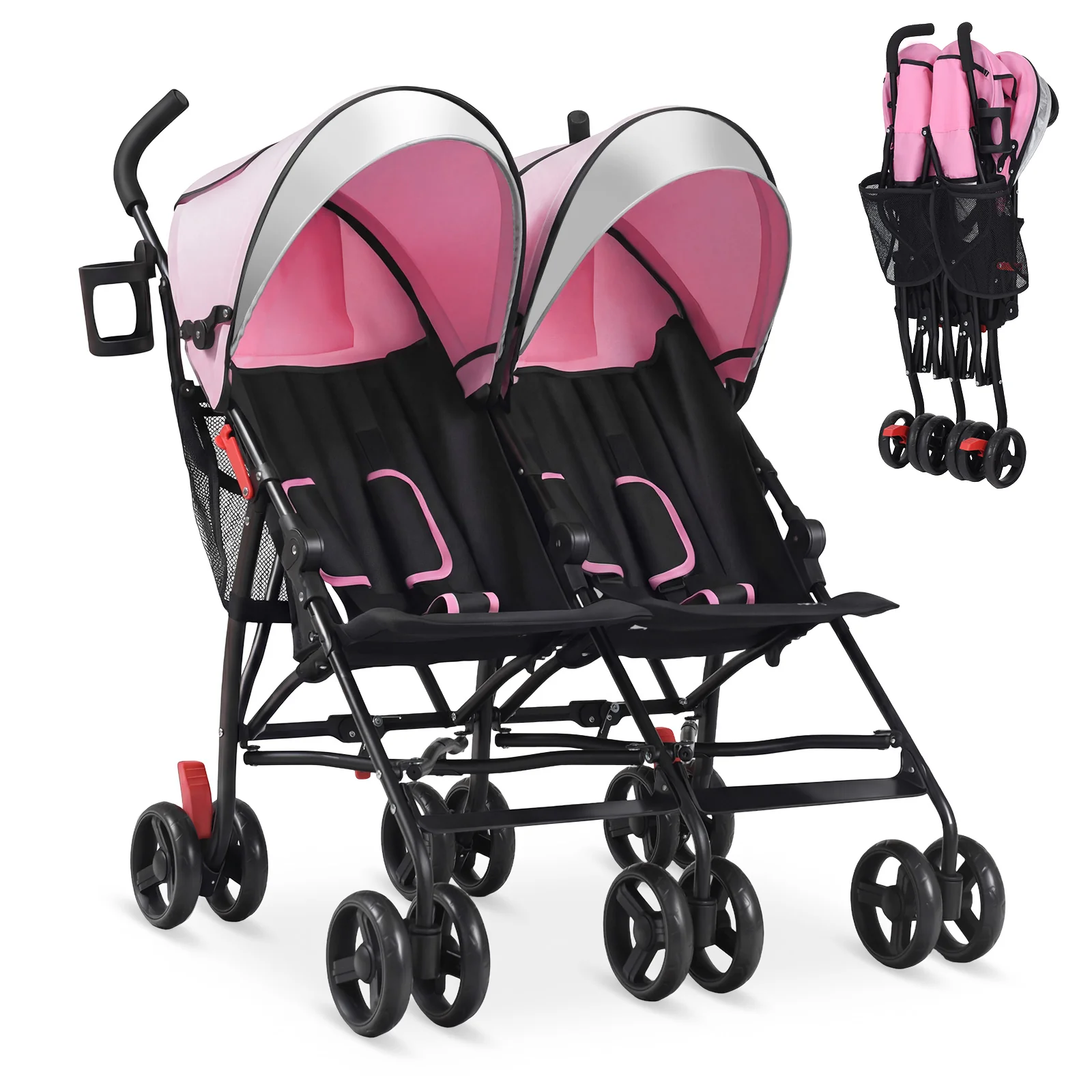 Foldable Twin Baby Double Stroller, Ultralight Umbrella, Pink - Image 4