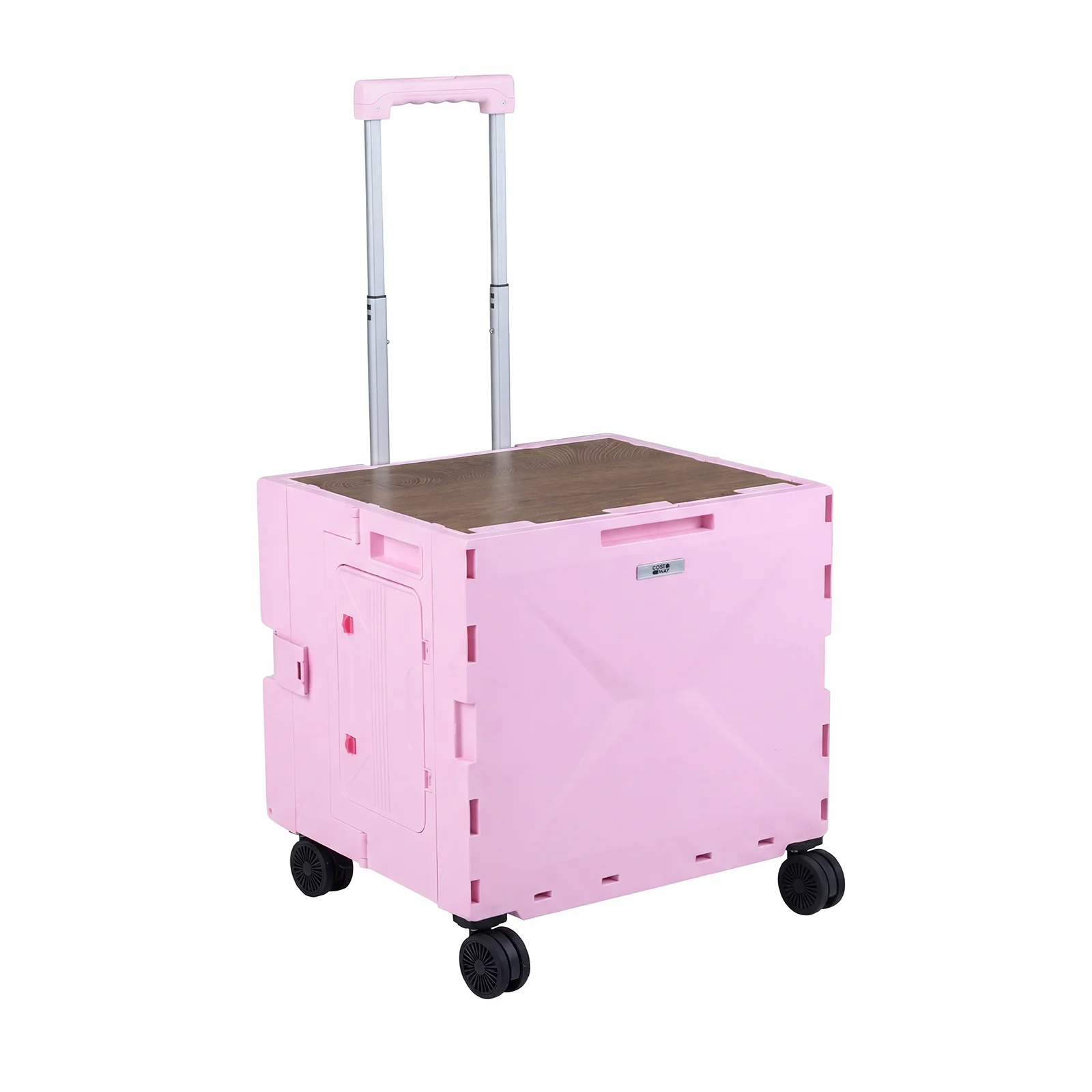 Foldable Utility Cart, 4 Rotating Wheels, Cup Holder, Pink