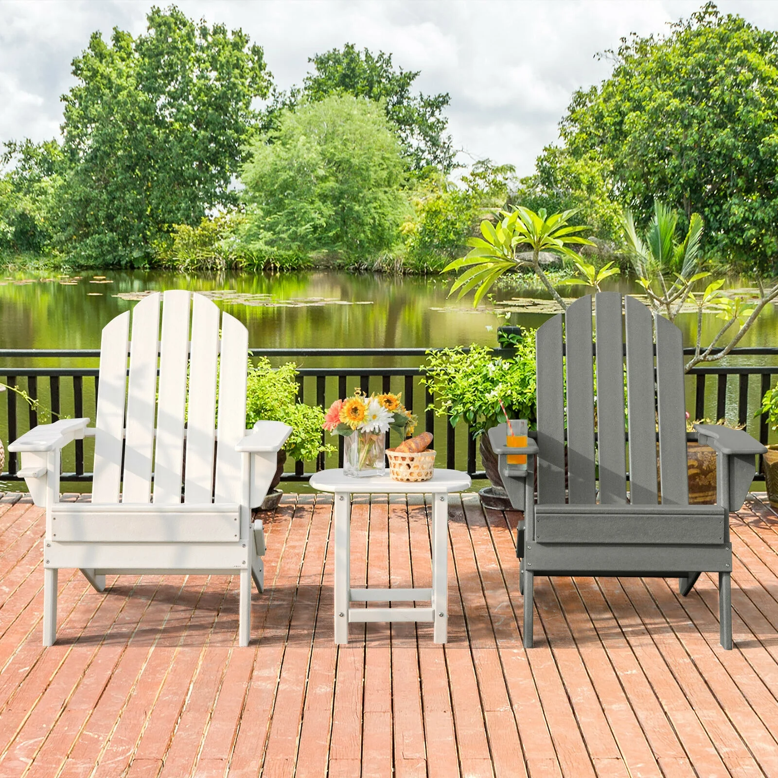 Foldable Weather Resistant Patio Chair, With Cup Holder, Gray - Image 2
