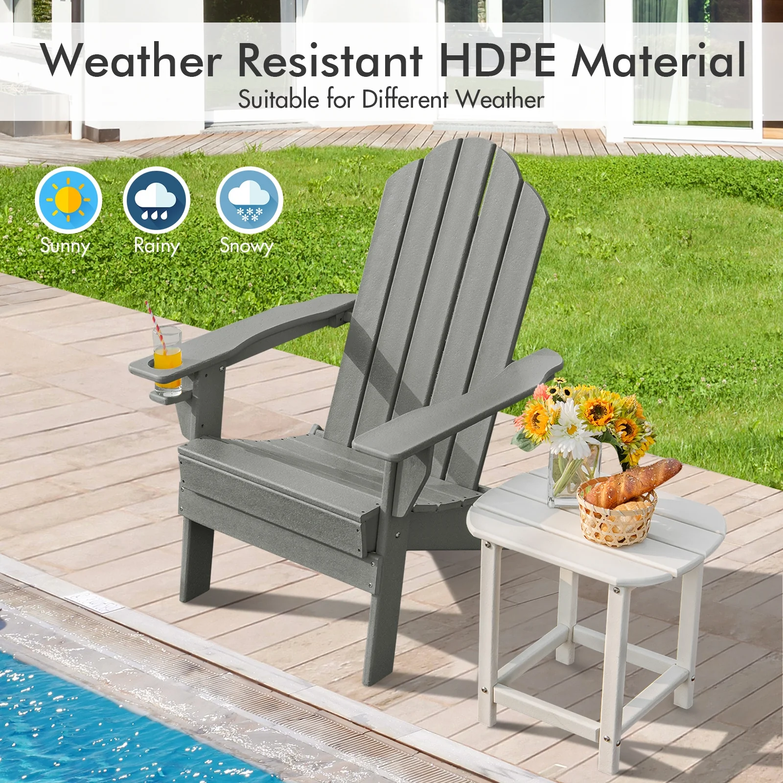 Foldable Weather Resistant Patio Chair, With Cup Holder, Gray - Image 3