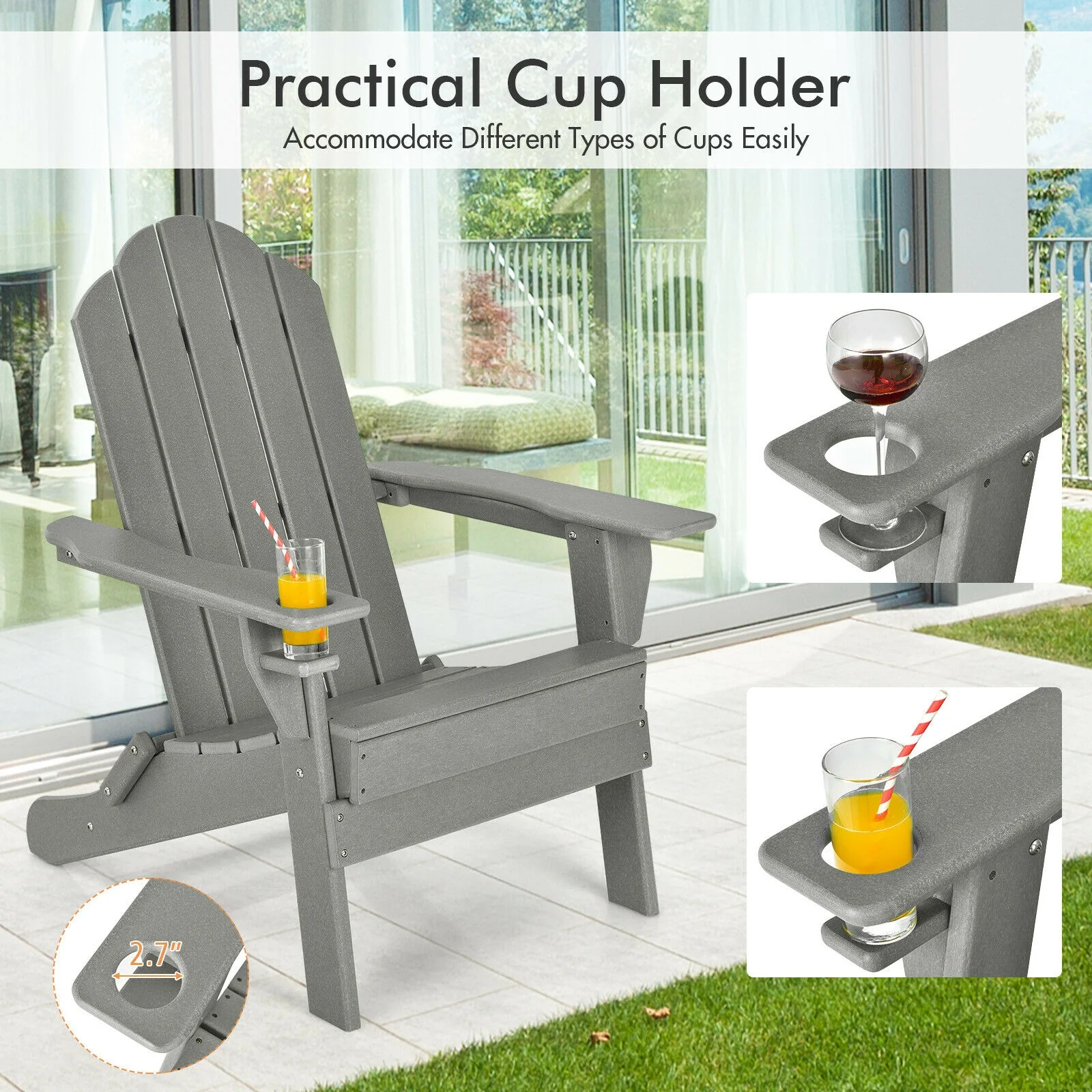 Foldable Weather Resistant Patio Chair, With Cup Holder, Gray - Image 9