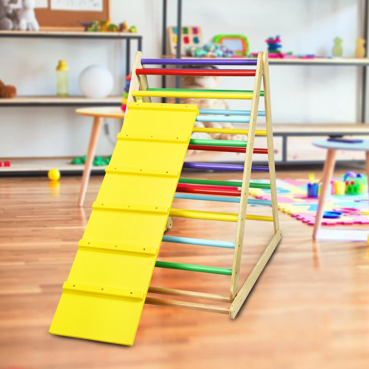 Foldable Wooden Climbing Triangle With Ladder, Multicolor - Image 2