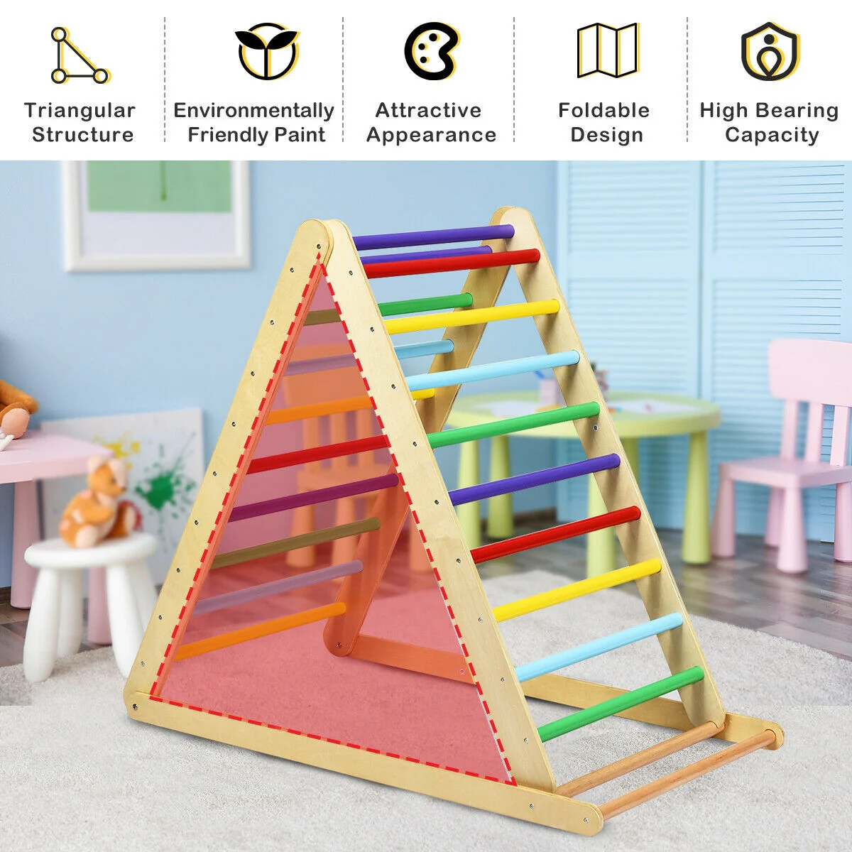 Foldable Wooden Climbing Triangle With Ladder, Multicolor - Image 3