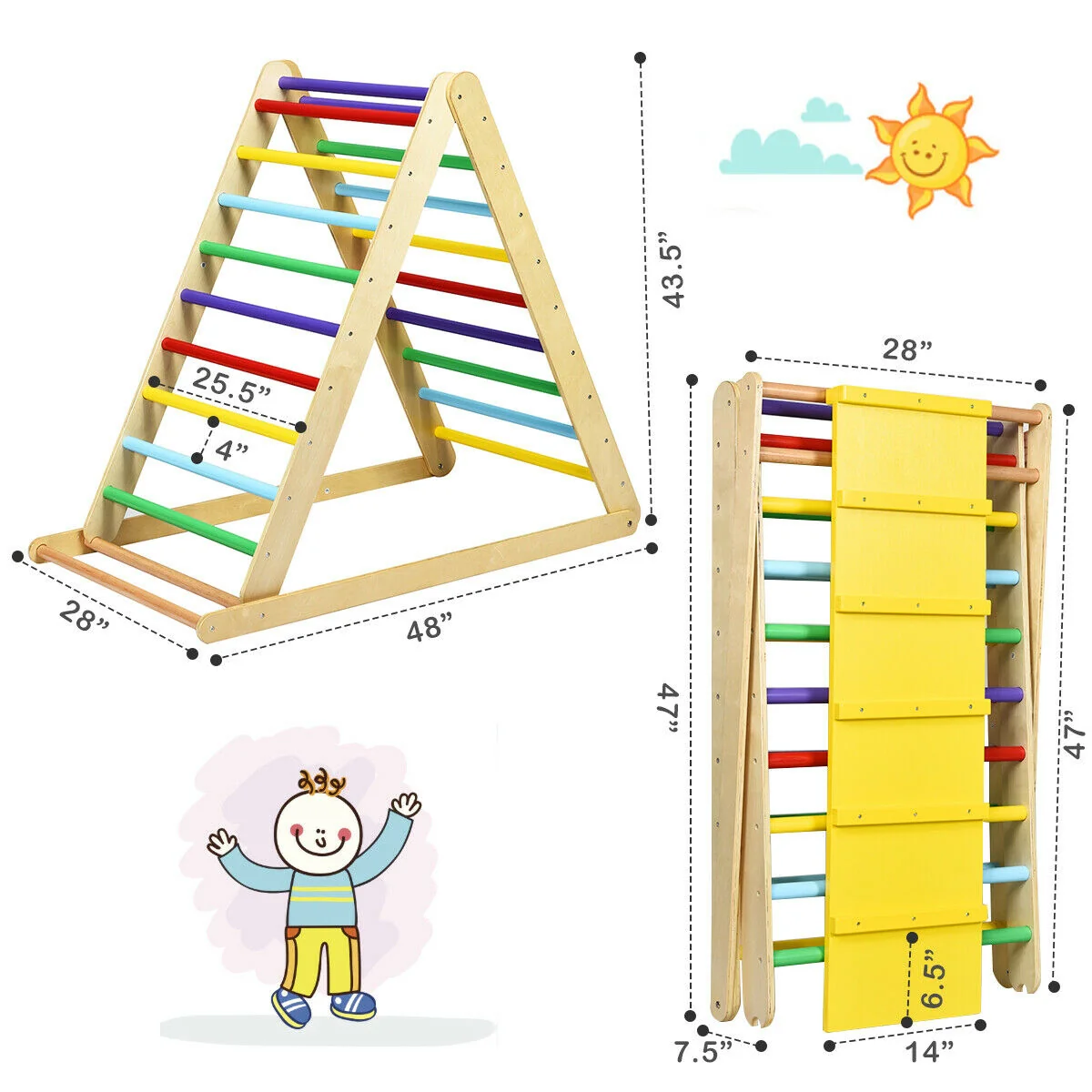 Foldable Wooden Climbing Triangle With Ladder, Multicolor - Image 5