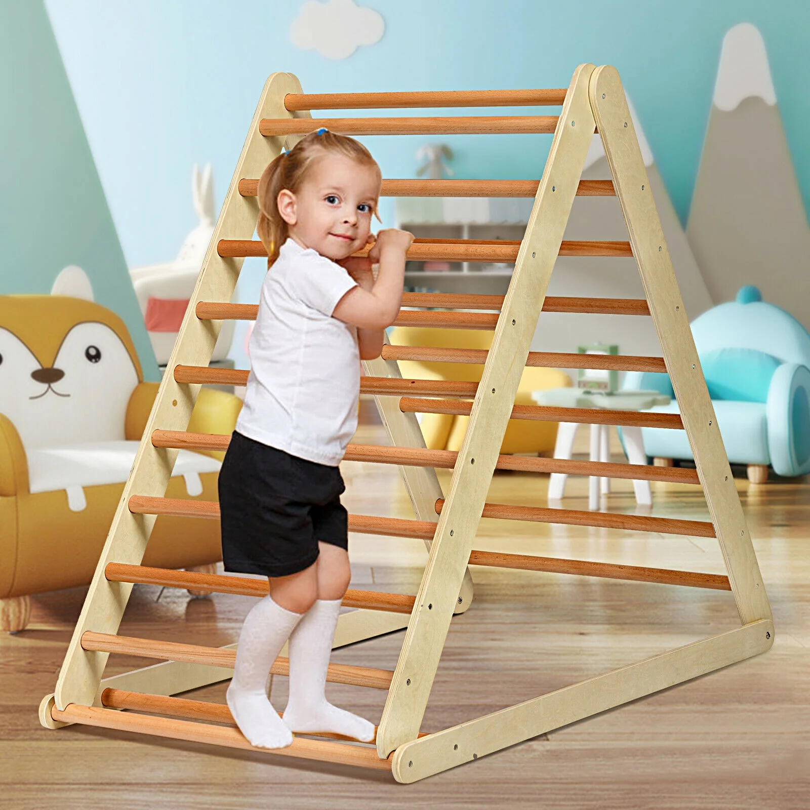 Foldable Wooden Climbing Triangle With Ladder, Natural - Image 2
