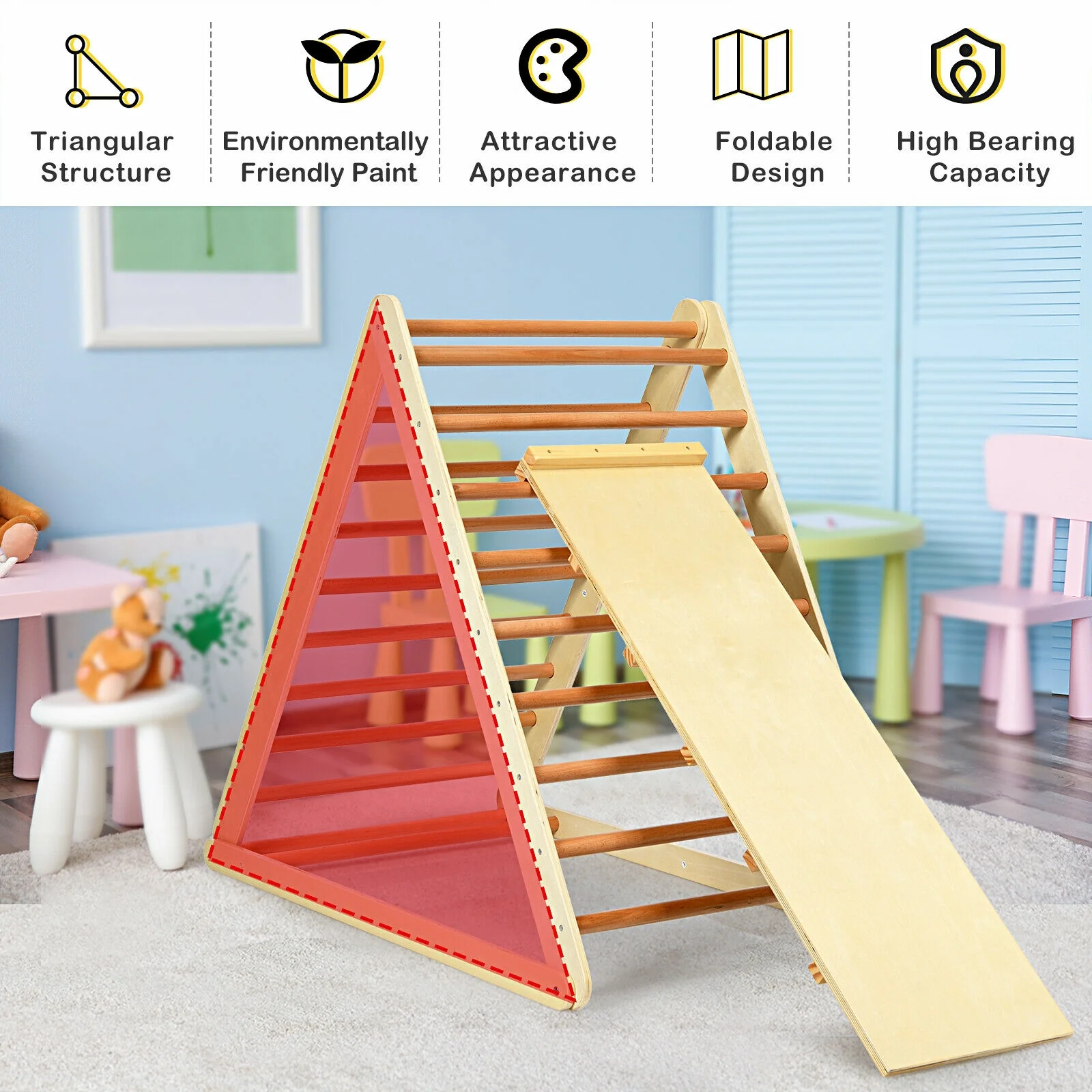 Foldable Wooden Climbing Triangle With Ladder, Natural - Image 3