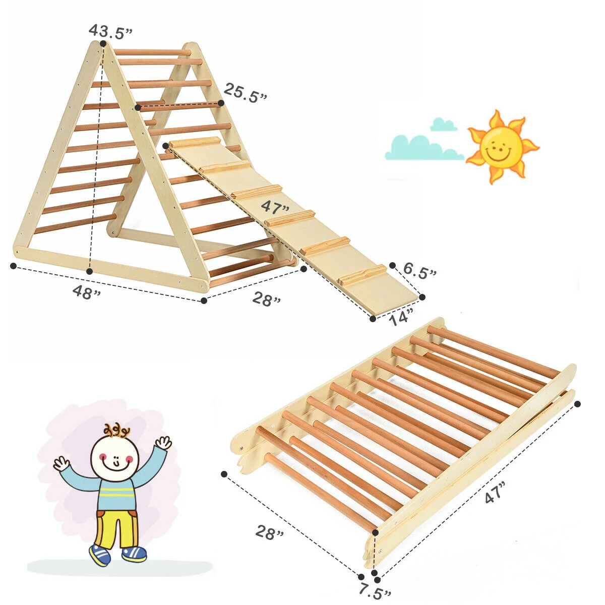 Foldable Wooden Climbing Triangle With Ladder, Natural - Image 5