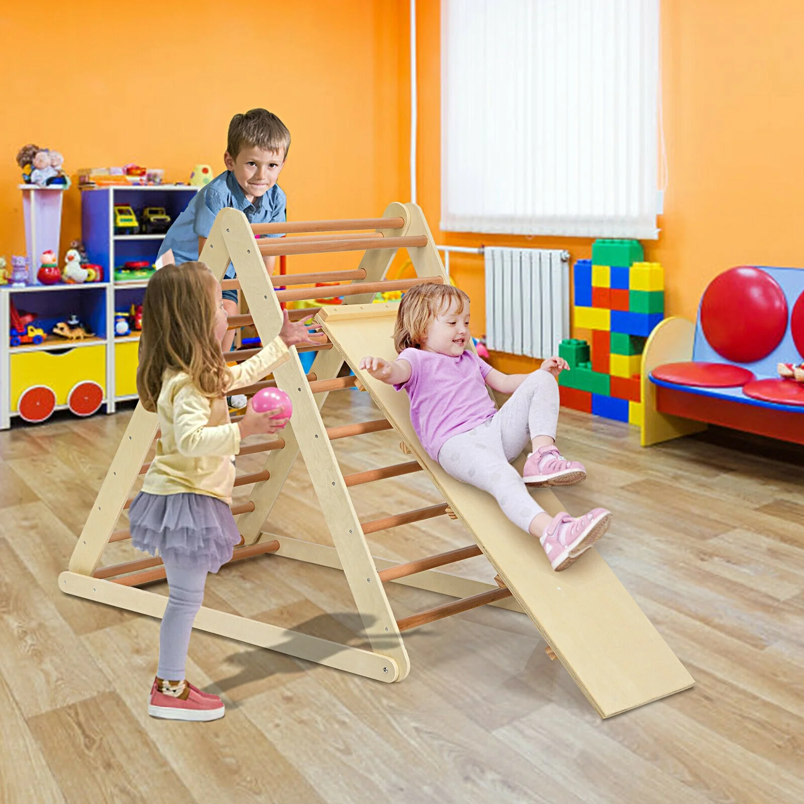 Foldable Wooden Climbing Triangle With Ladder, Natural - Image 7