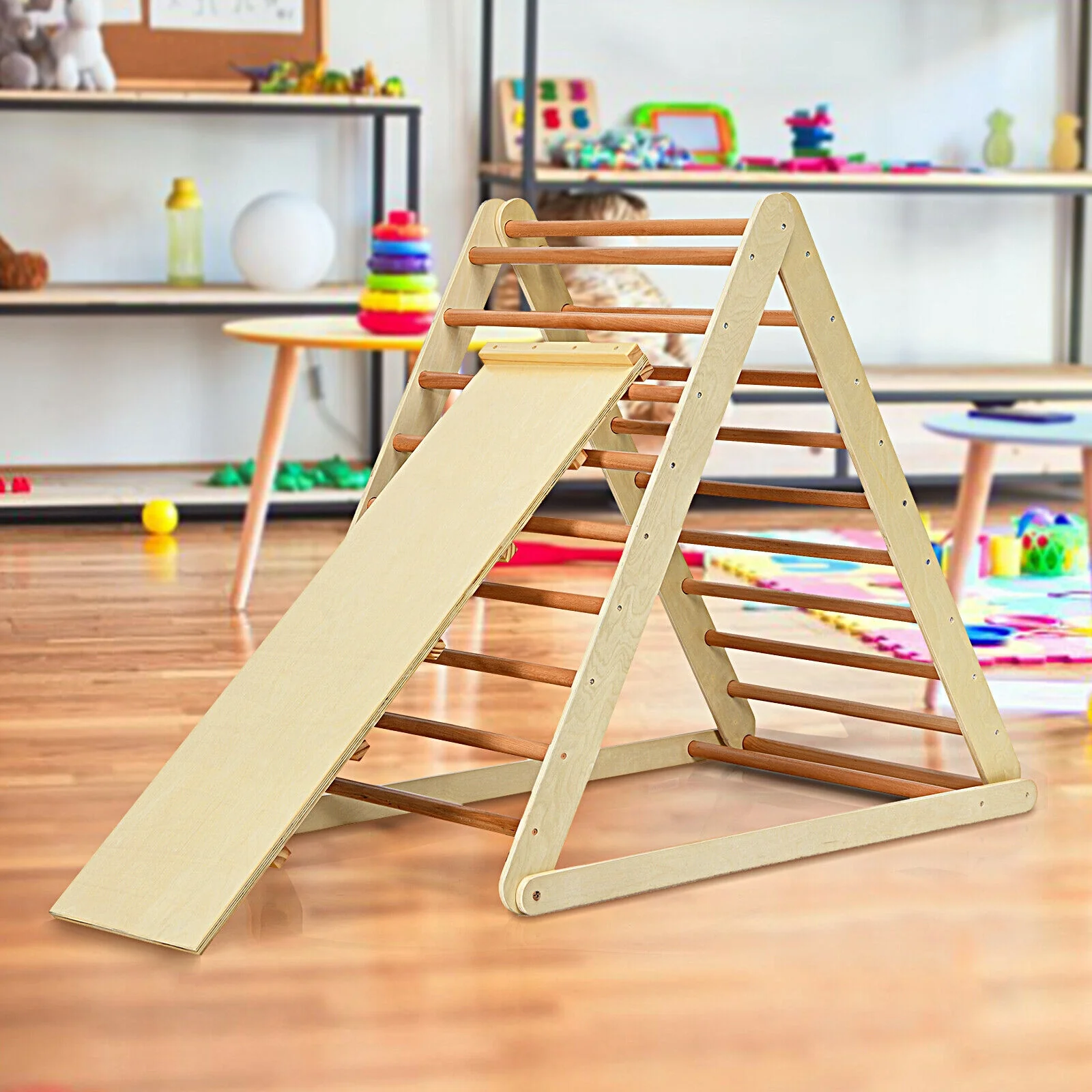 Foldable Wooden Climbing Triangle With Ladder, Natural - Image 8