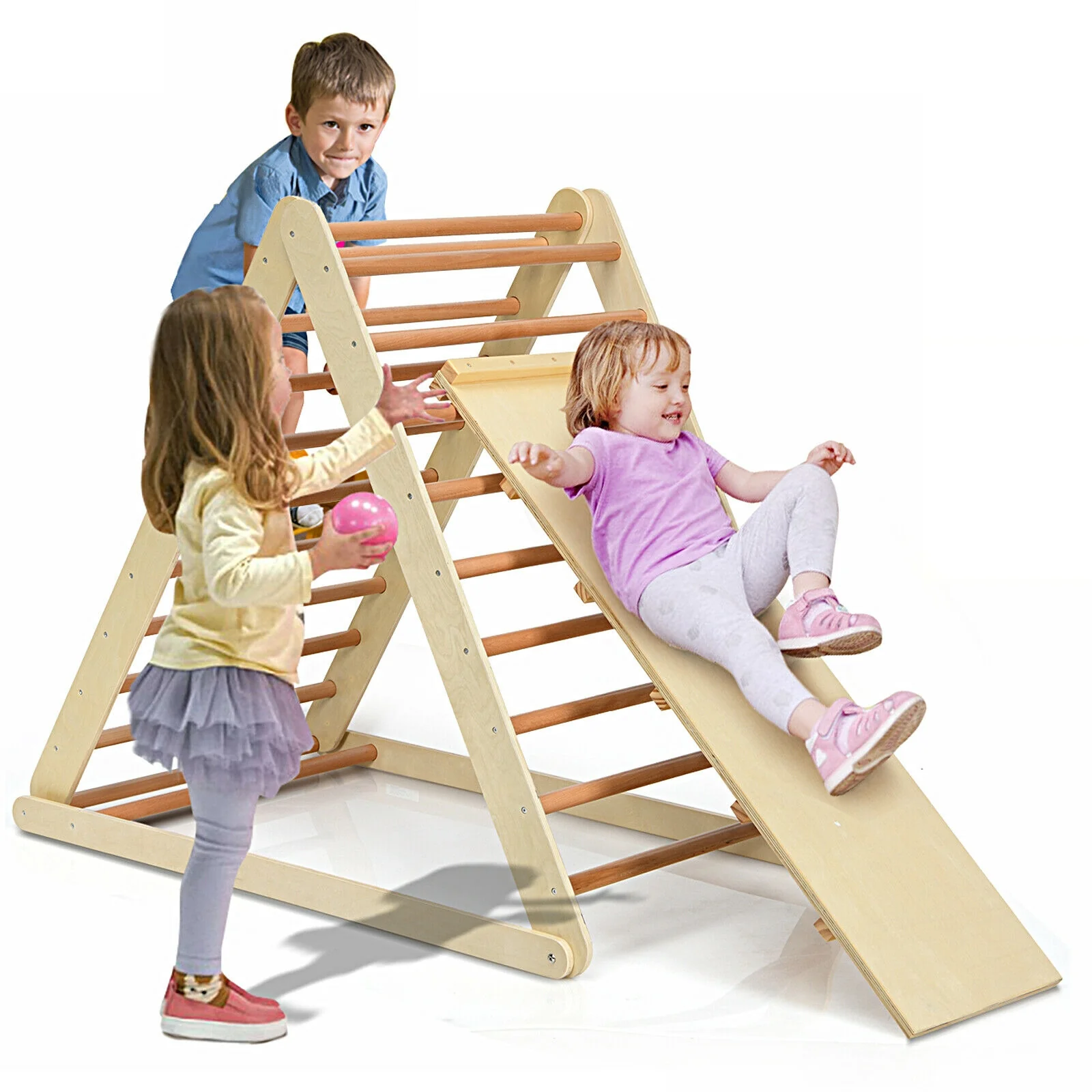 Foldable Wooden Climbing Triangle With Ladder, Natural - Image 9