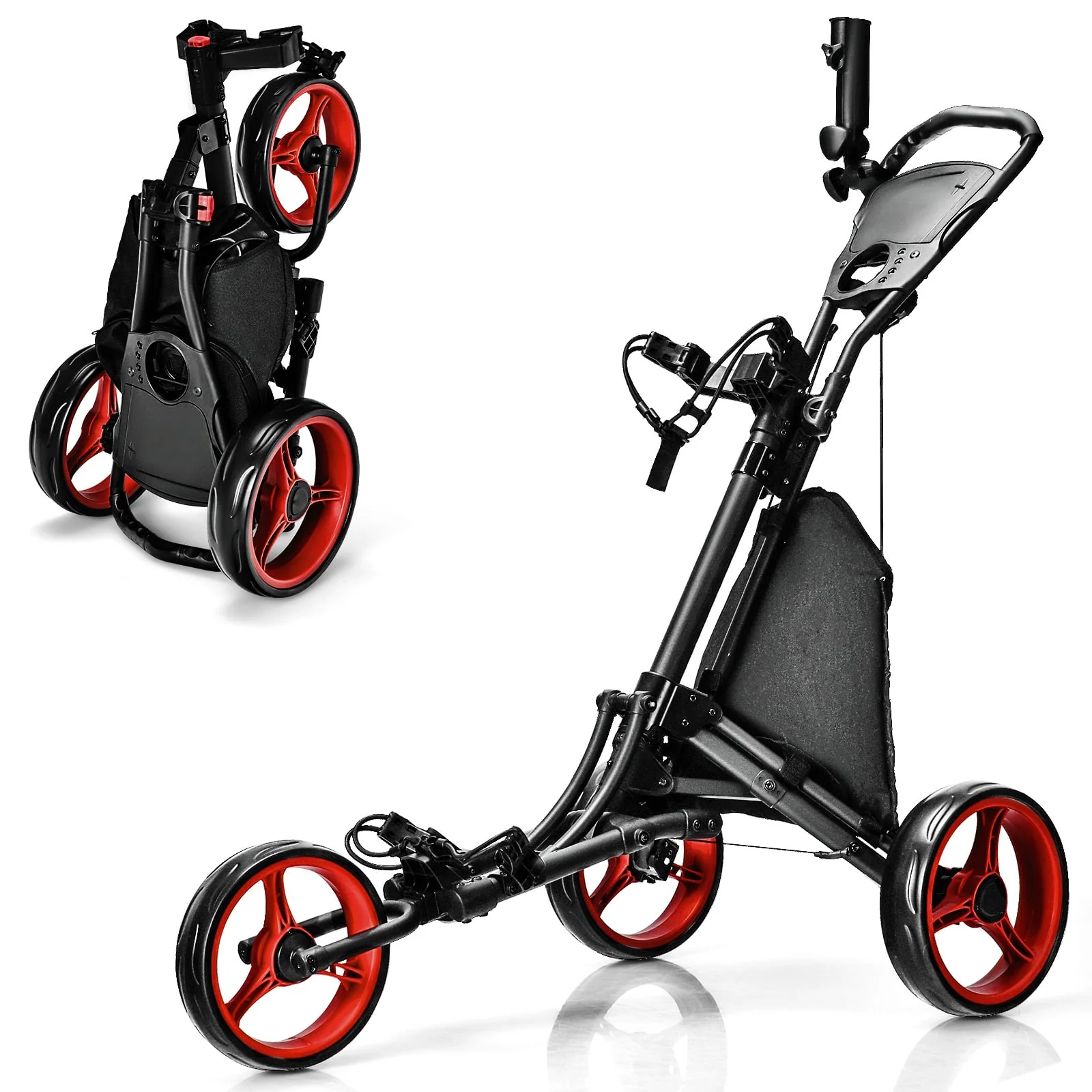 Folding 3 Wheels Golf Push Cart with Bag Scoreboard Adjustable Handle, Red - Image 4