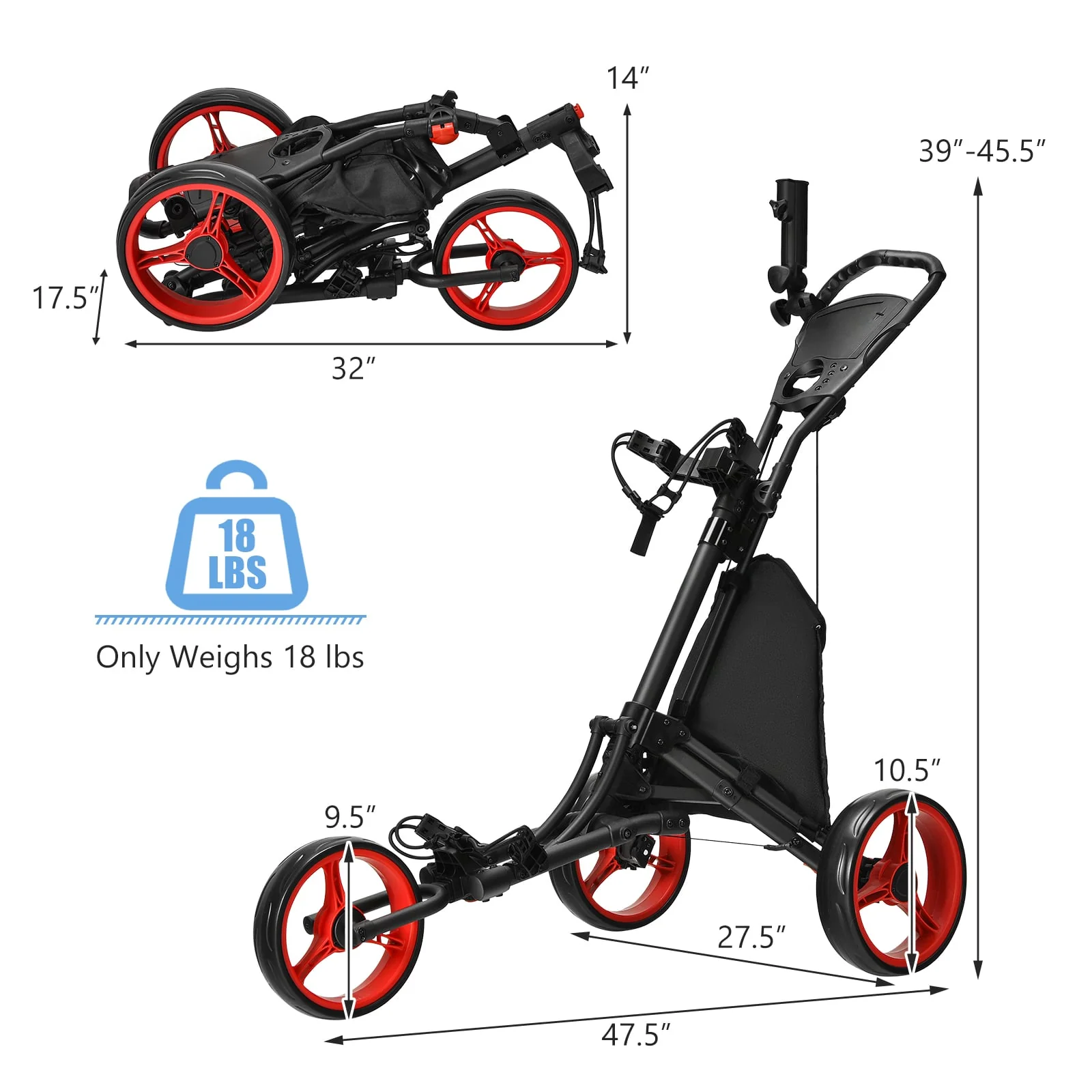 Folding 3 Wheels Golf Push Cart with Bag Scoreboard Adjustable Handle, Red - Image 5