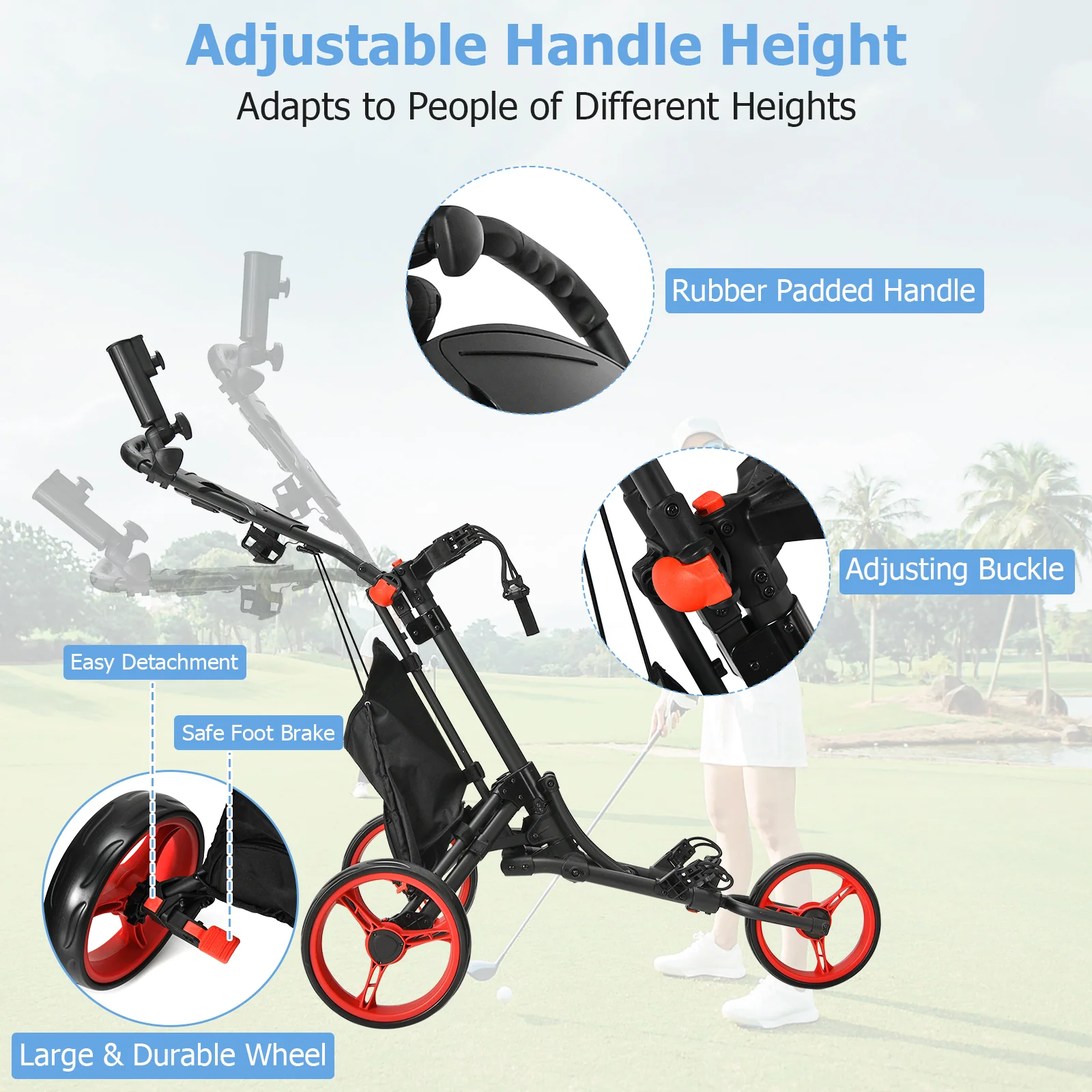 Folding 3 Wheels Golf Push Cart with Bag Scoreboard Adjustable Handle, Red - Image 7