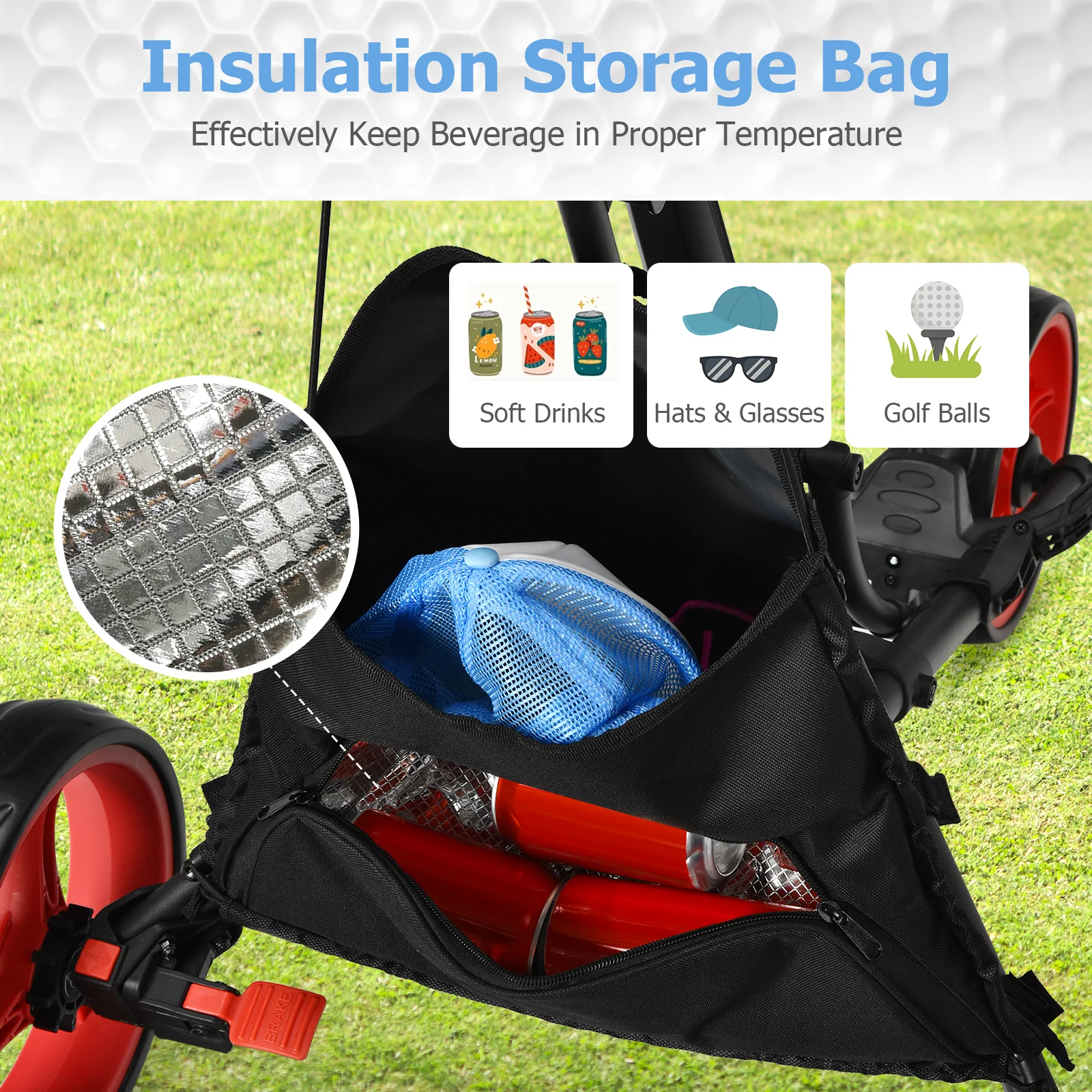Folding 3 Wheels Golf Push Cart with Bag Scoreboard Adjustable Handle, Red - Image 9