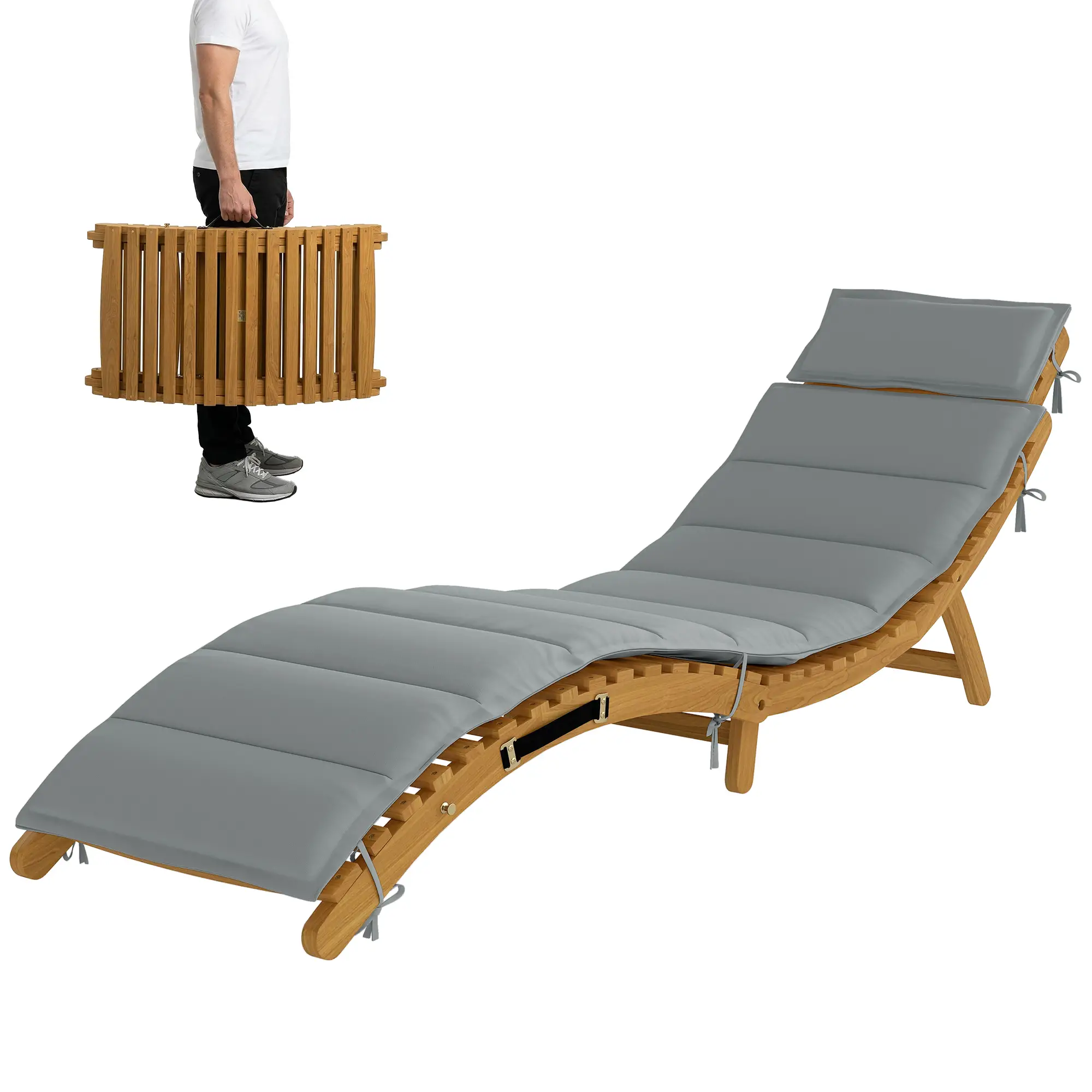 Folding Acacia Wood Chaise Lounge Chair with Cushion, Light Grey