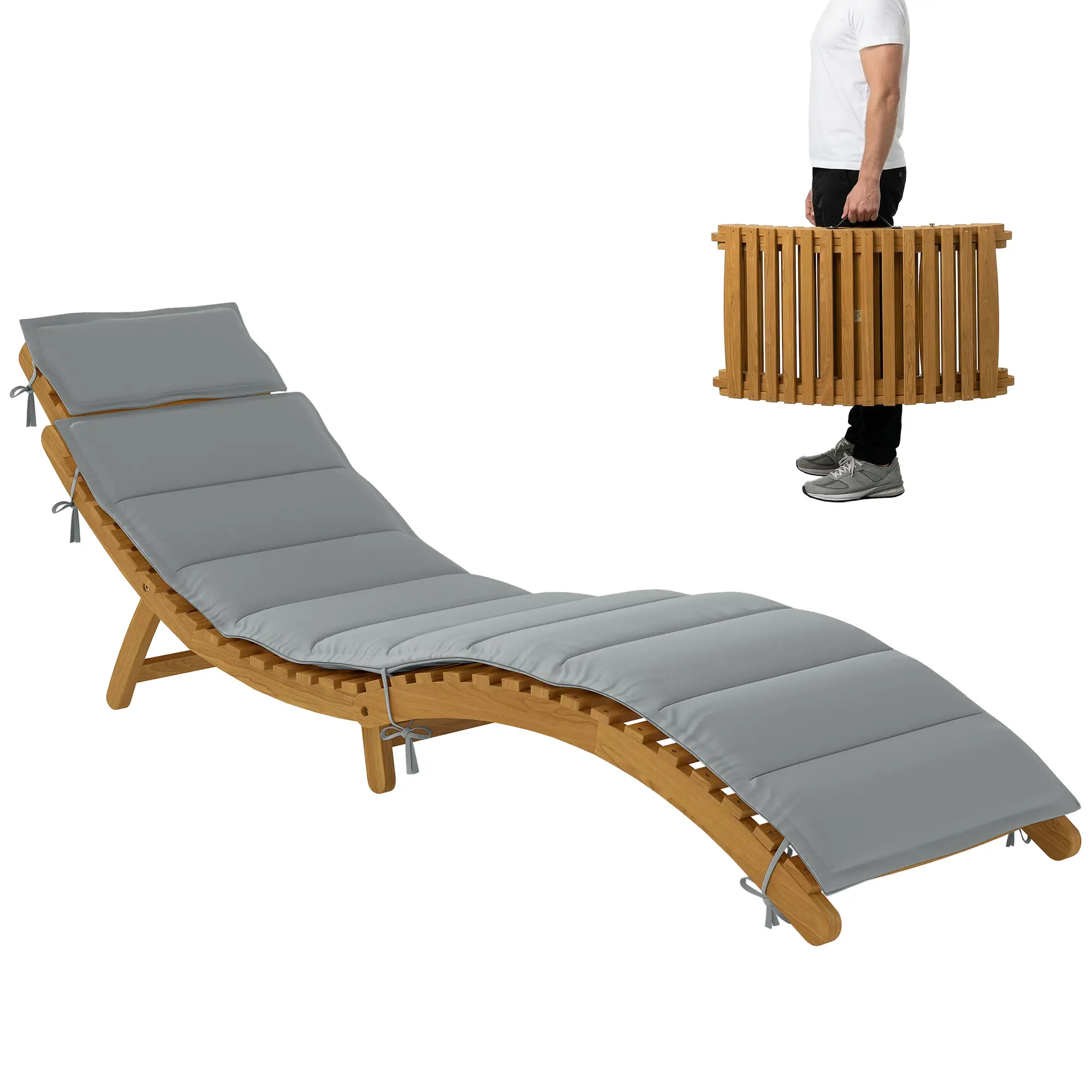 Folding Acacia Wood Chaise Lounge Chair with Cushion, Light Grey - Image 11
