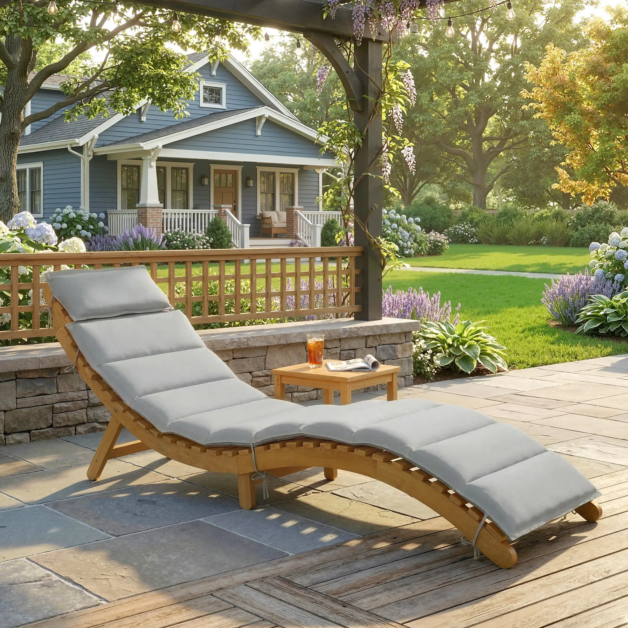 Folding Acacia Wood Chaise Lounge Chair with Cushion, Light Grey - Image 2