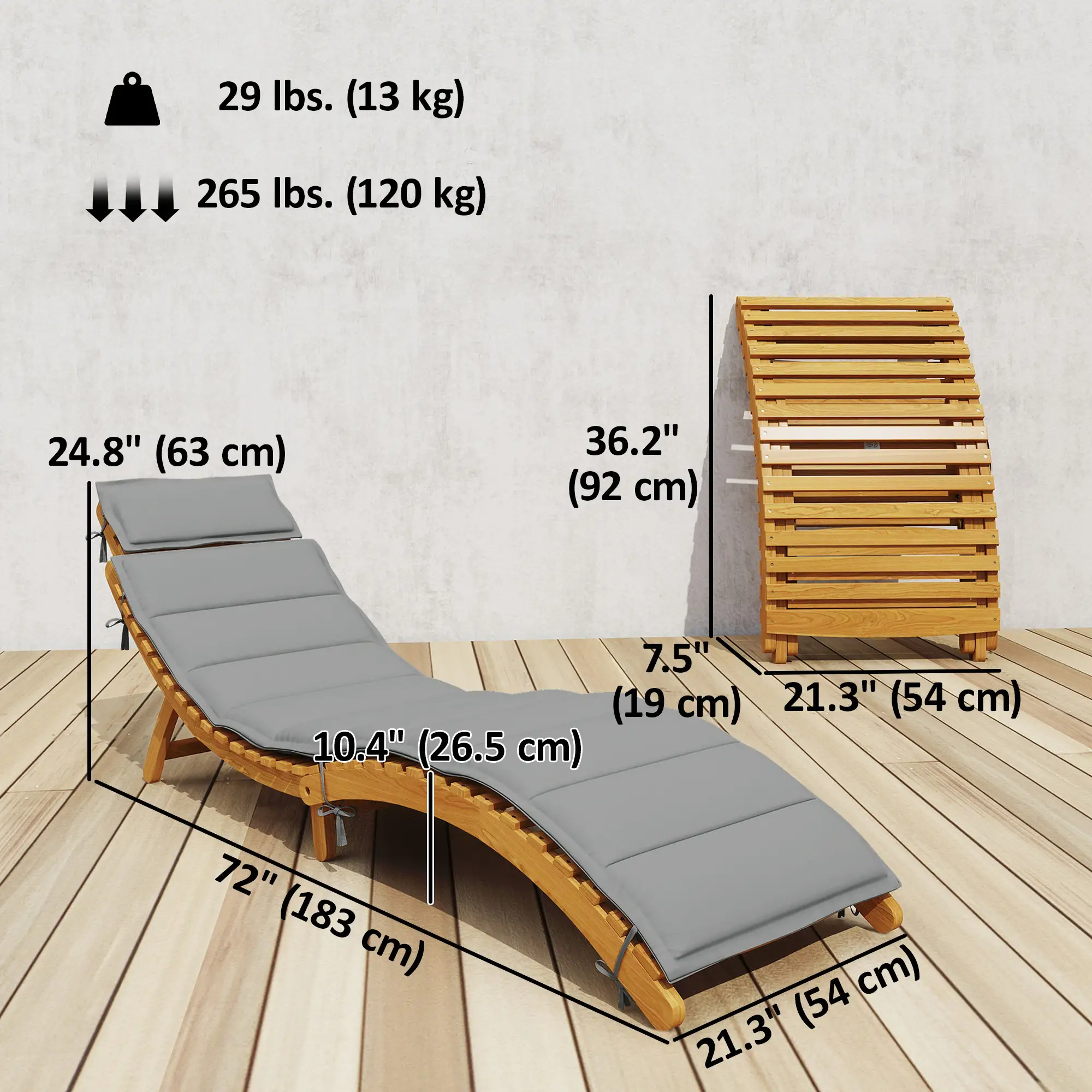 Folding Acacia Wood Chaise Lounge Chair with Cushion, Light Grey - Image 3