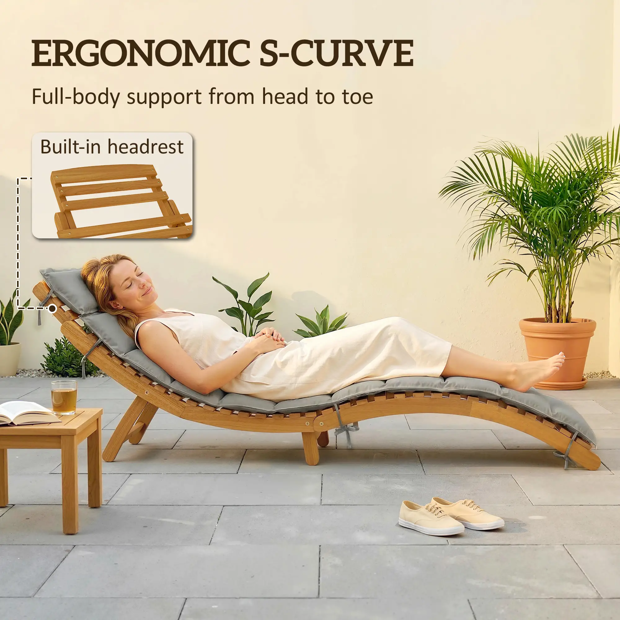 Folding Acacia Wood Chaise Lounge Chair with Cushion, Light Grey - Image 5