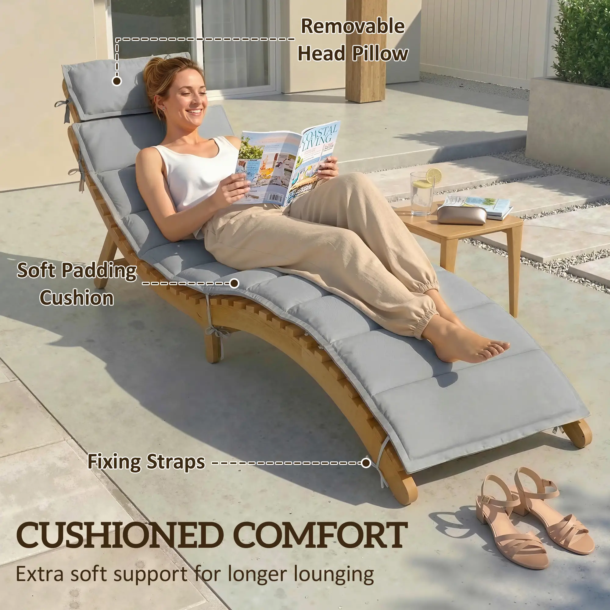 Folding Acacia Wood Chaise Lounge Chair with Cushion, Light Grey - Image 7