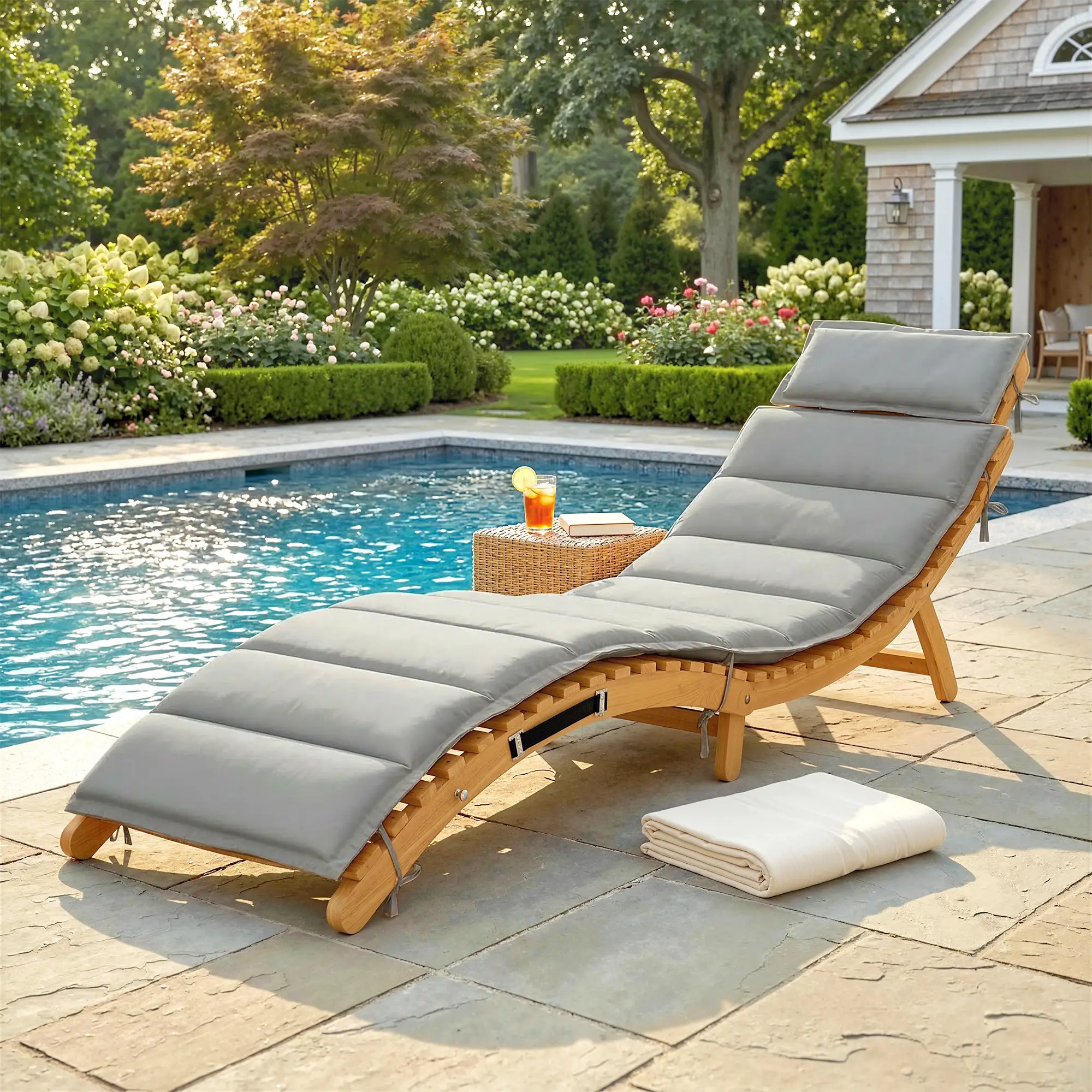 Folding Acacia Wood Chaise Lounge Chair with Cushion, Light Grey - Image 8