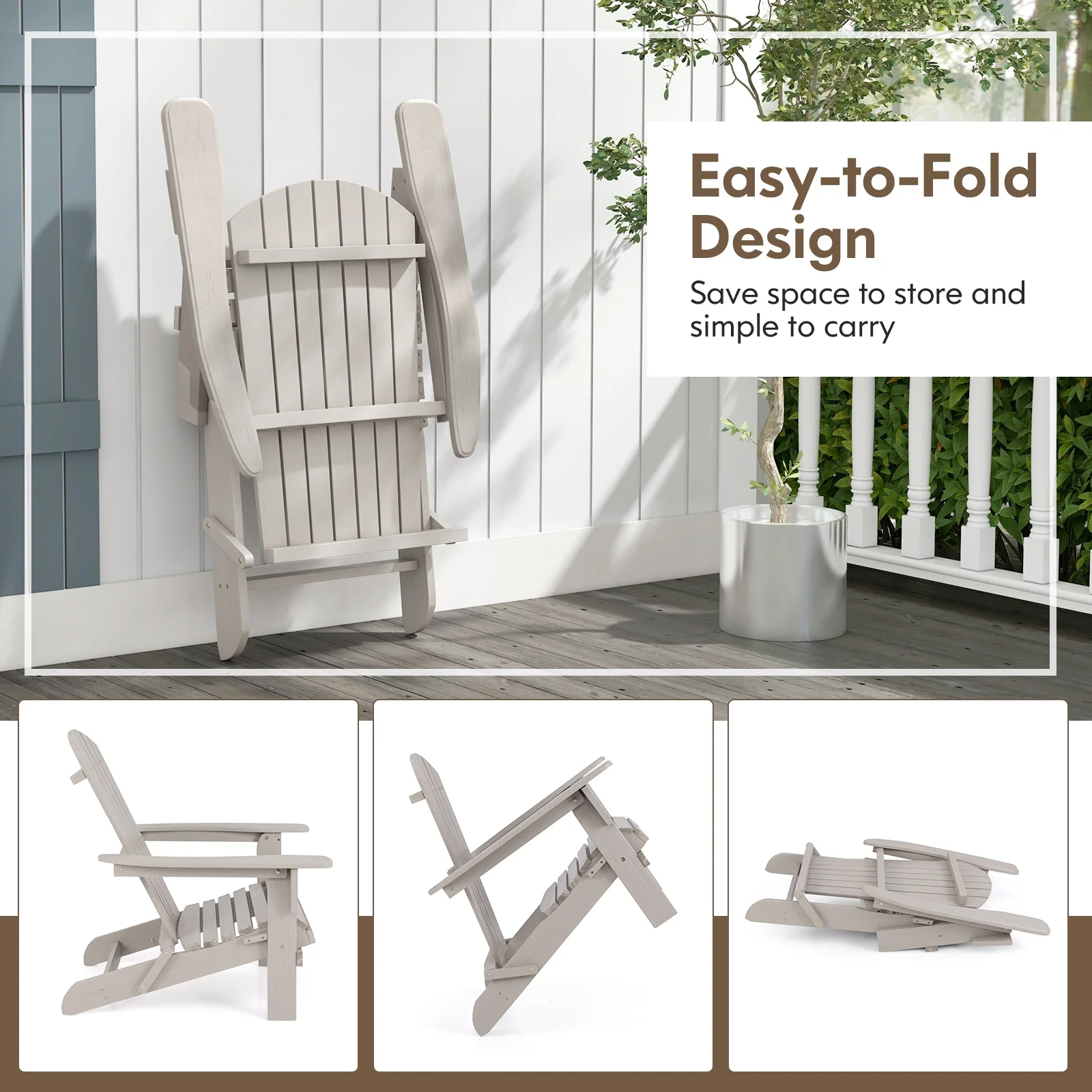 Folding Adirondack Chair, High Backrest, Wide Armrests, Gray - Image 6