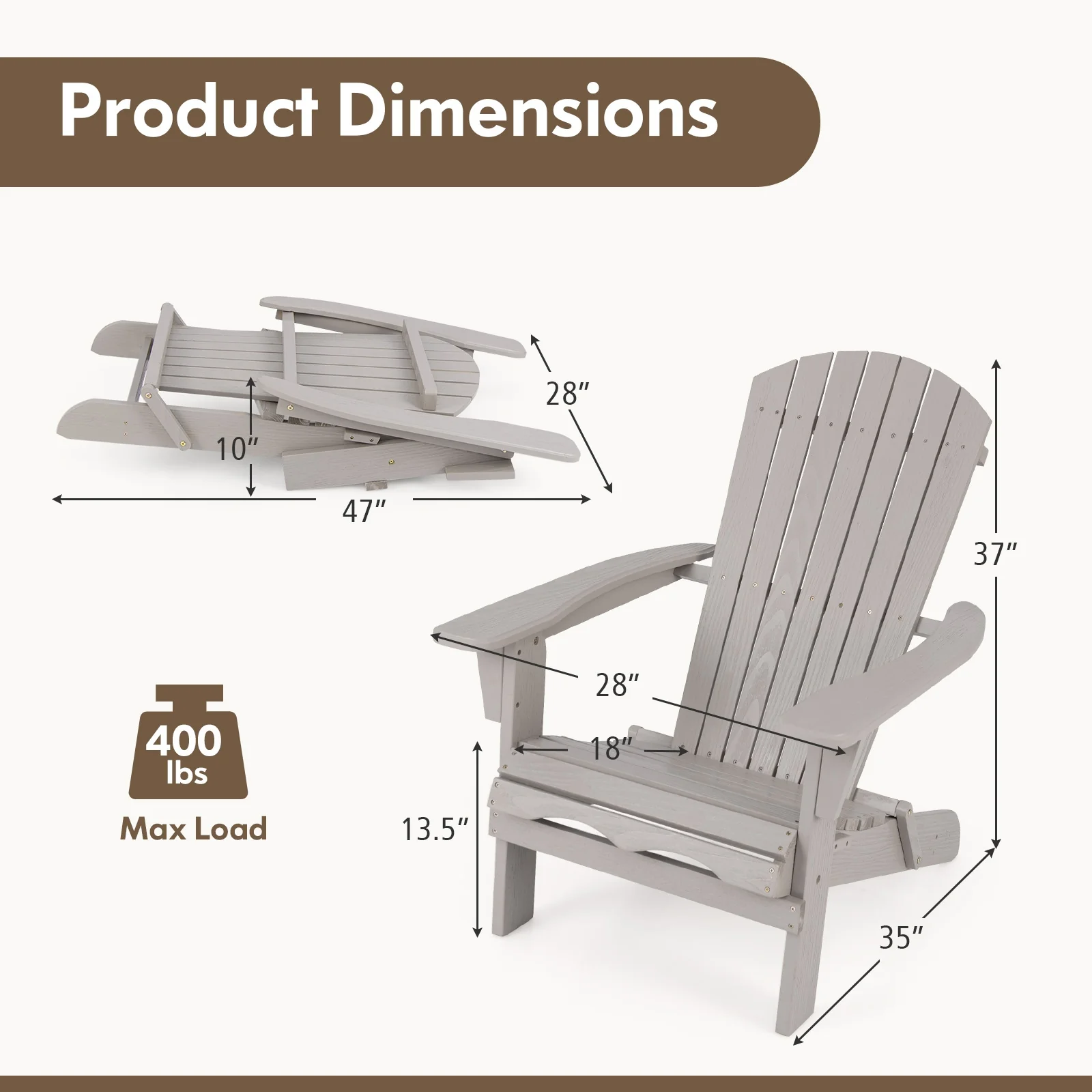 Folding Adirondack Chair Set, High Backrest, Wide Armrests, Gray - Image 4