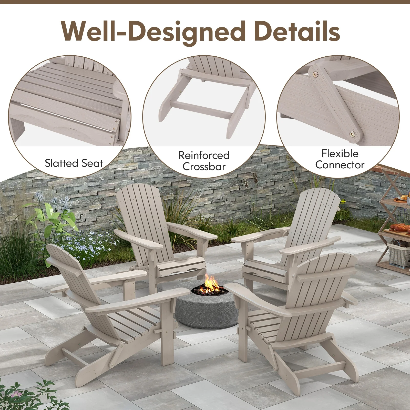 Folding Adirondack Chair Set, High Backrest, Wide Armrests, Gray - Image 6