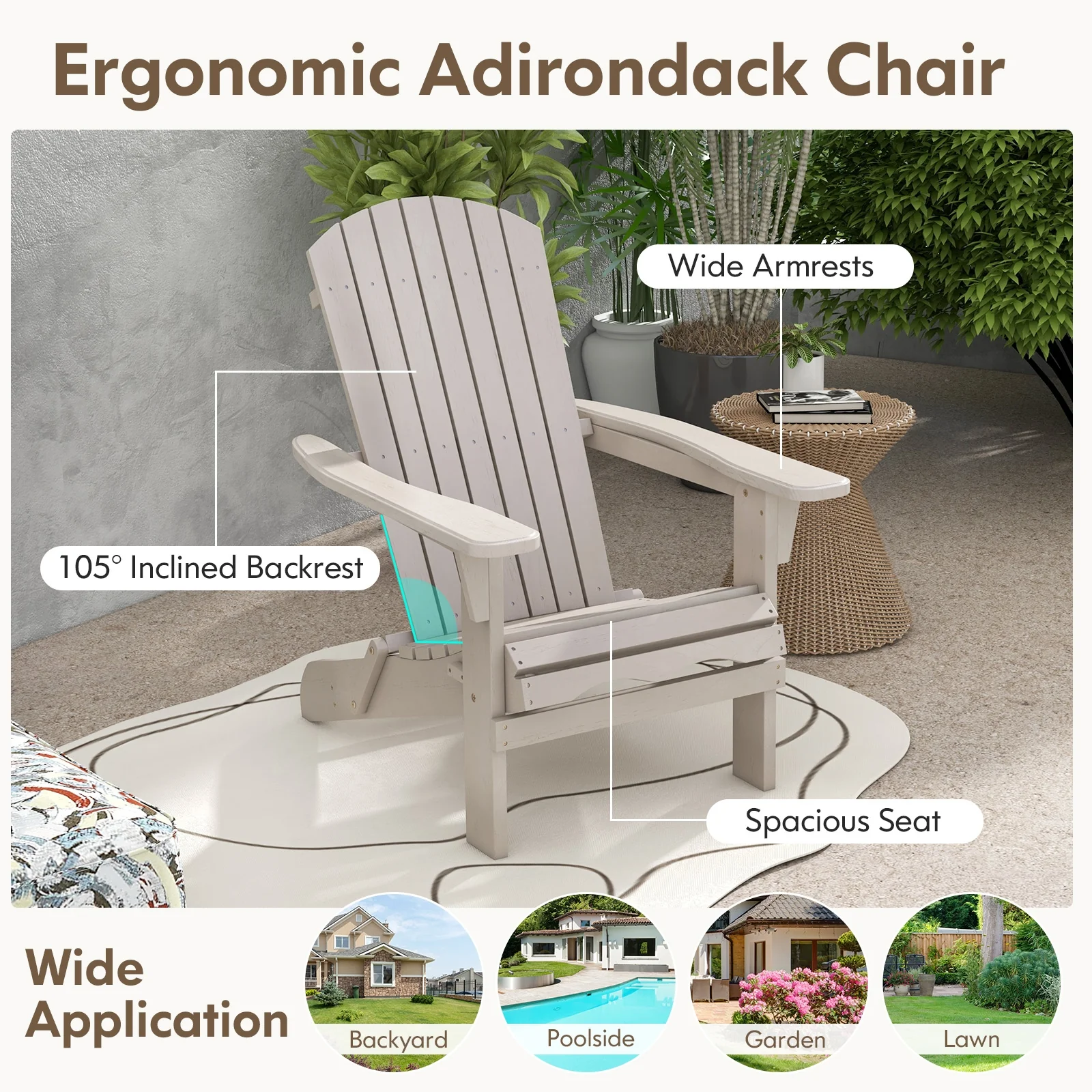 Folding Adirondack Chair Set, High Backrest, Wide Armrests, Gray - Image 7