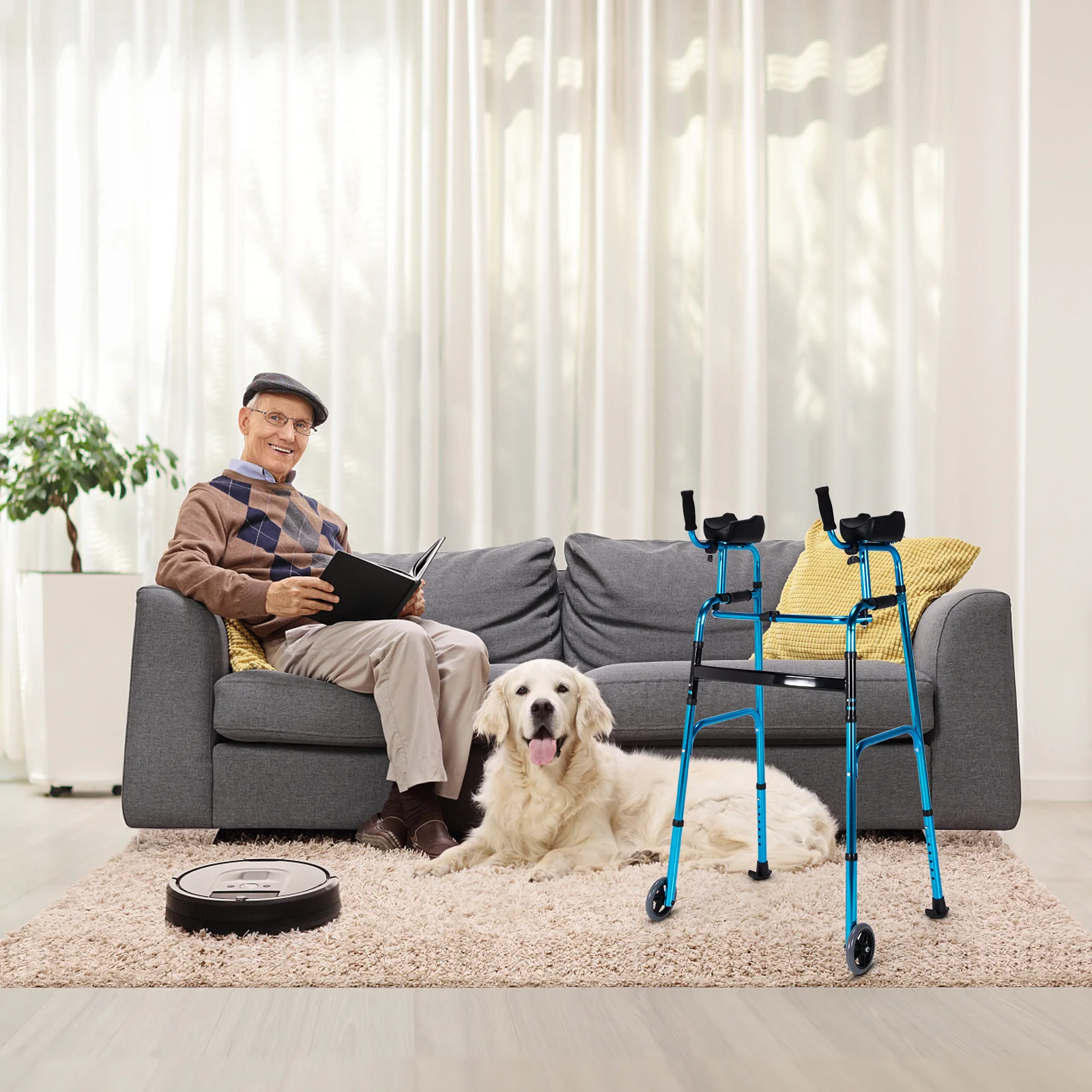 Folding Adjustable Aluminum Walking Frame, Navy - Image 3
