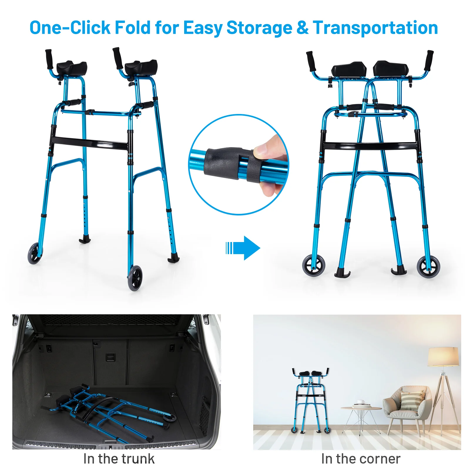 Folding Adjustable Aluminum Walking Frame, Navy - Image 8