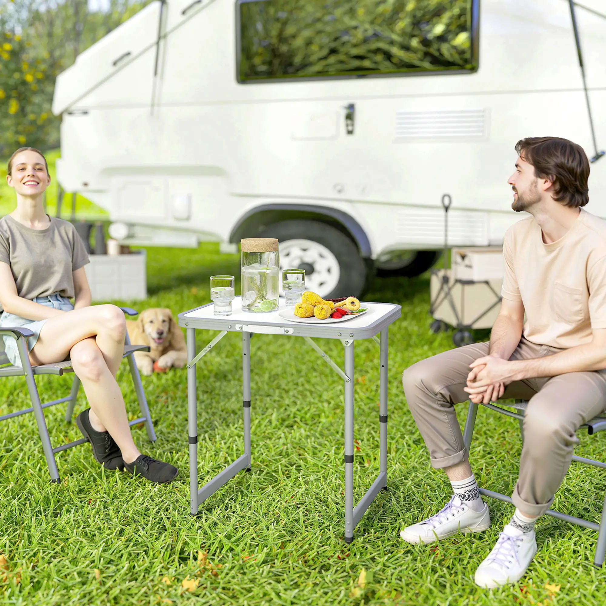 Folding Adjustable Patio Table, Portable Camping Dining, Aluminum Frame, Silver - Image 2