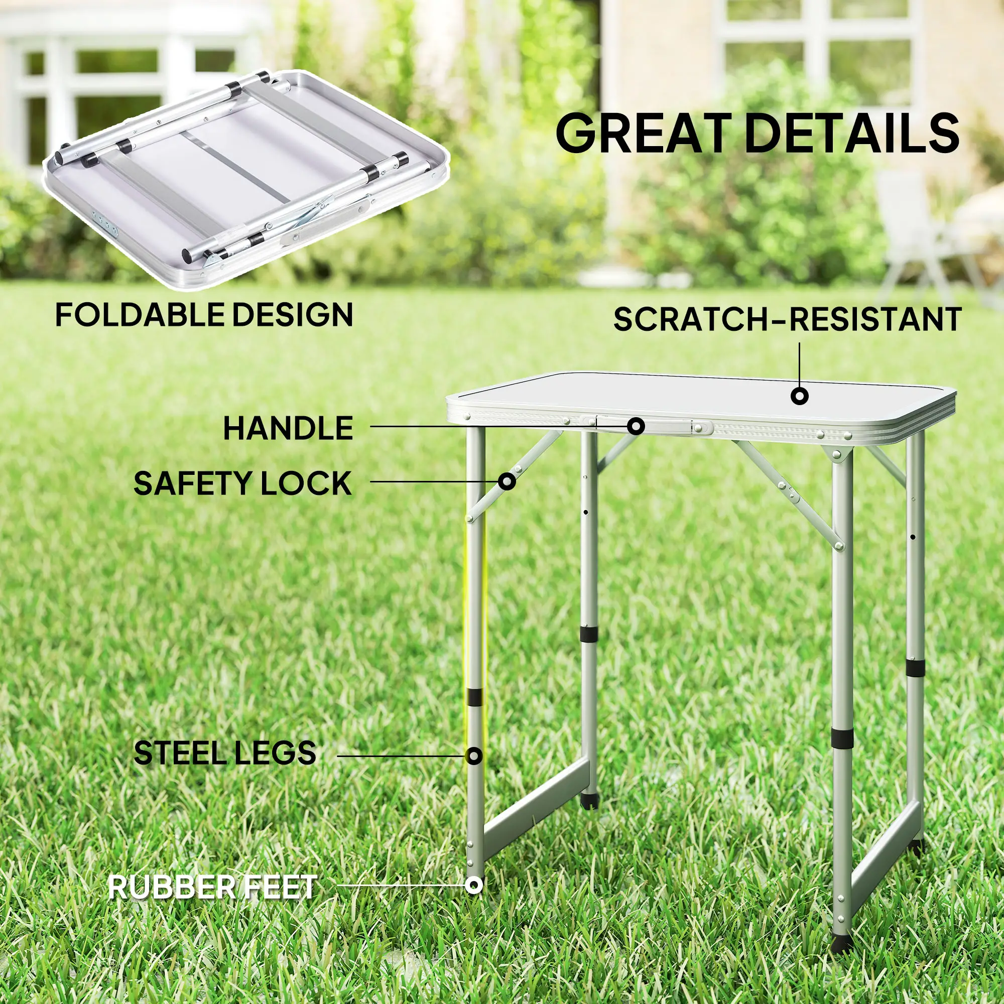Folding Adjustable Patio Table, Portable Camping Dining, Aluminum Frame, Silver - Image 5