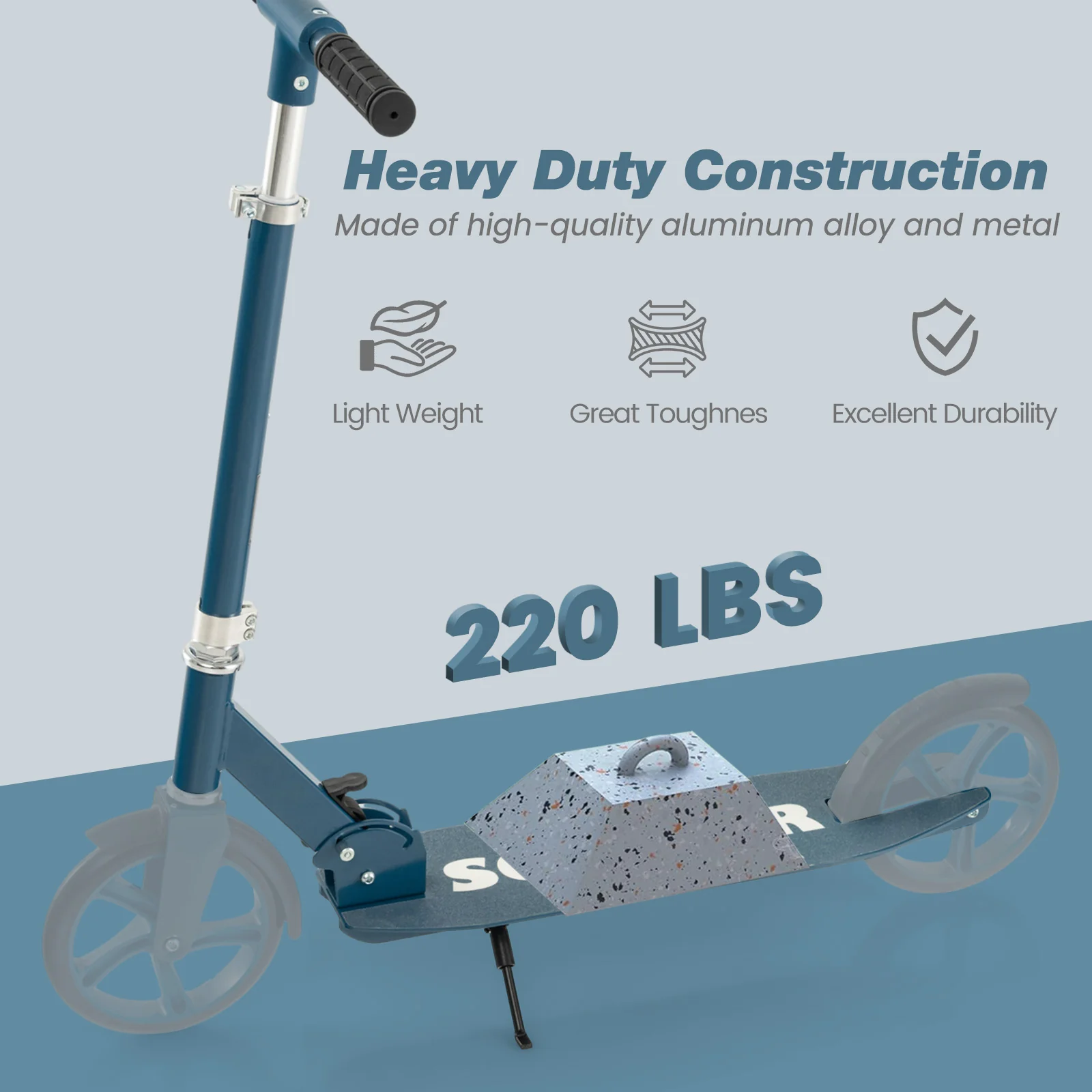 Folding Aluminum Alloy Scooter, 3 Adjustable Heights, Blue - Image 10