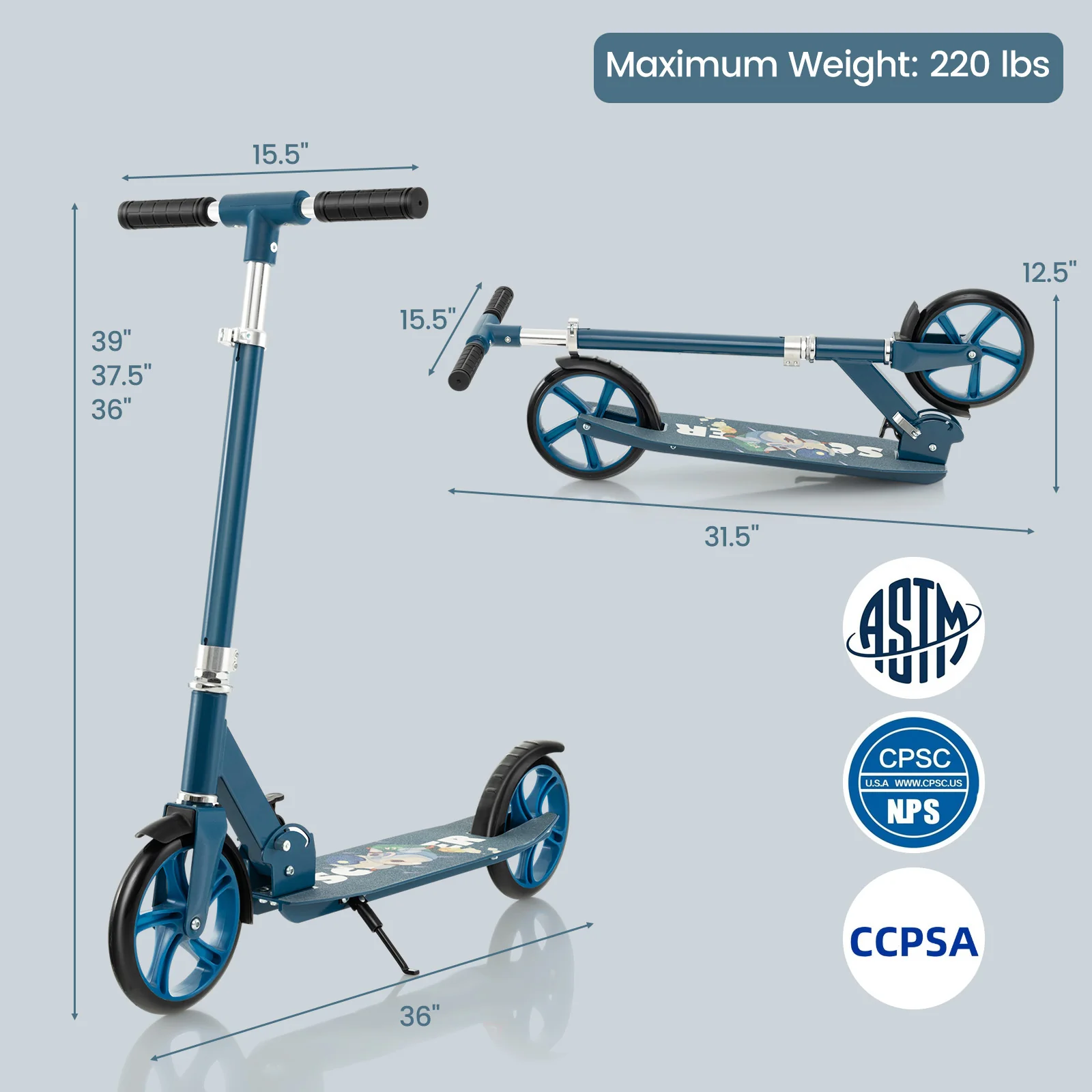 Folding Aluminum Alloy Scooter, 3 Adjustable Heights, Blue - Image 6
