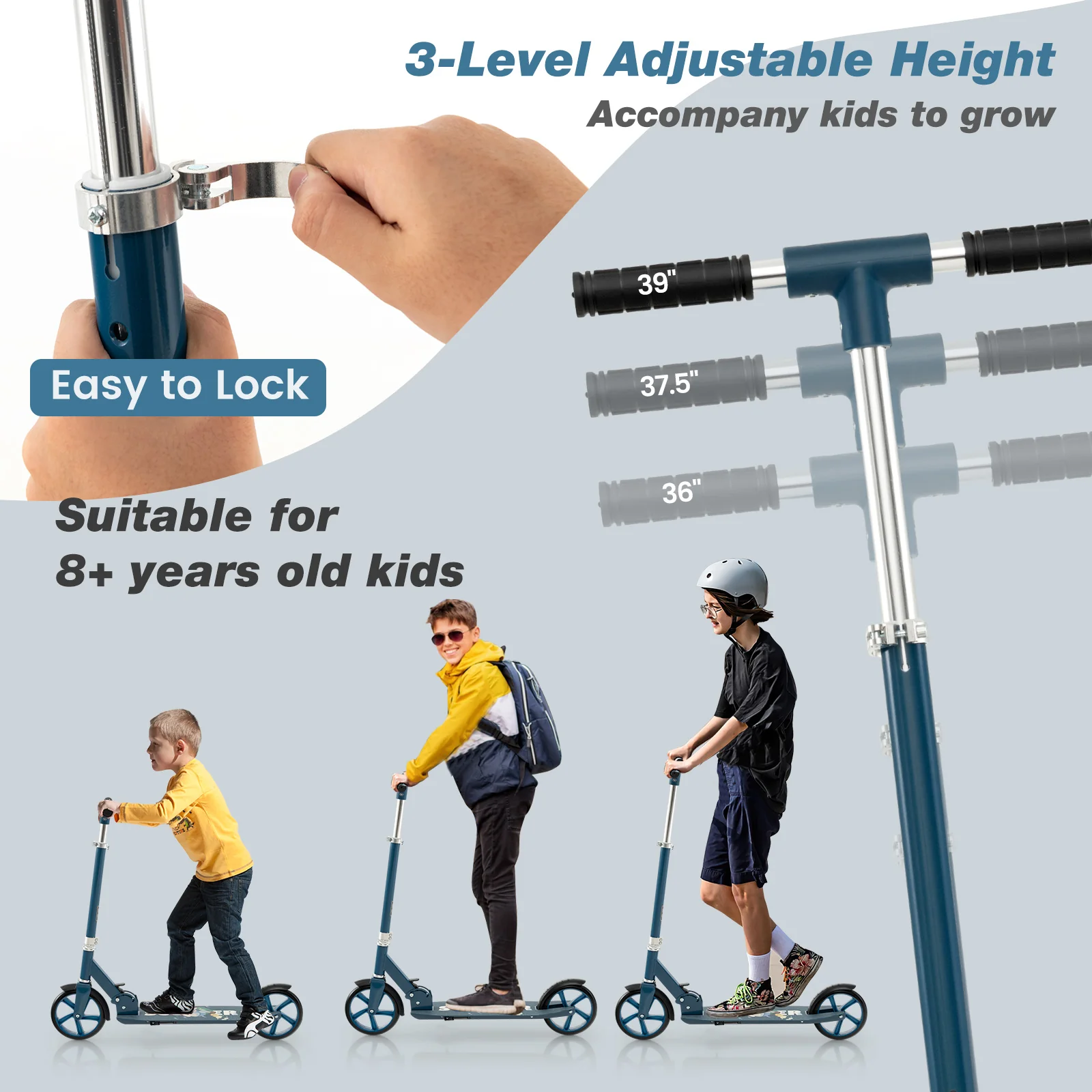 Folding Aluminum Alloy Scooter, 3 Adjustable Heights, Blue - Image 7