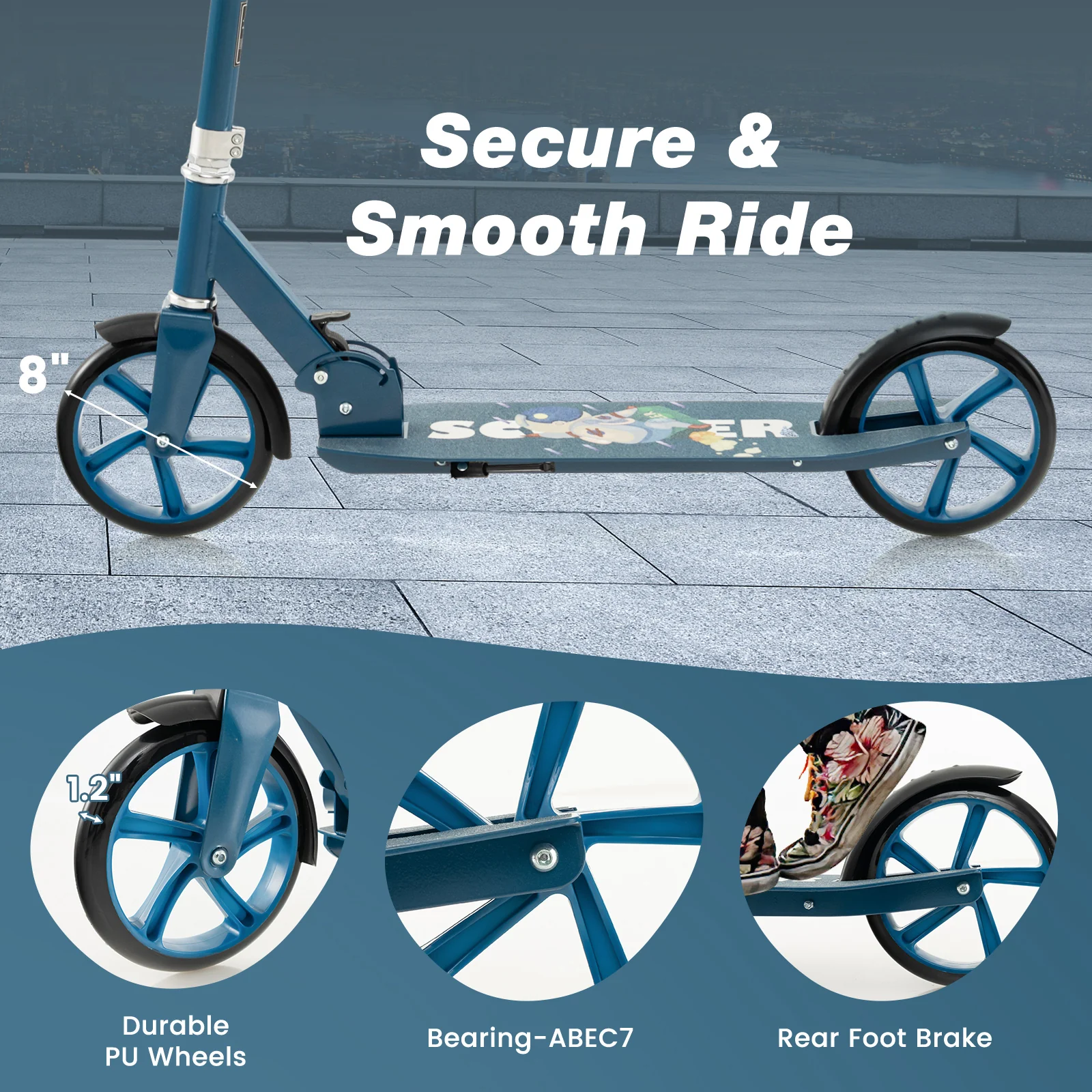 Folding Aluminum Alloy Scooter, 3 Adjustable Heights, Blue - Image 9