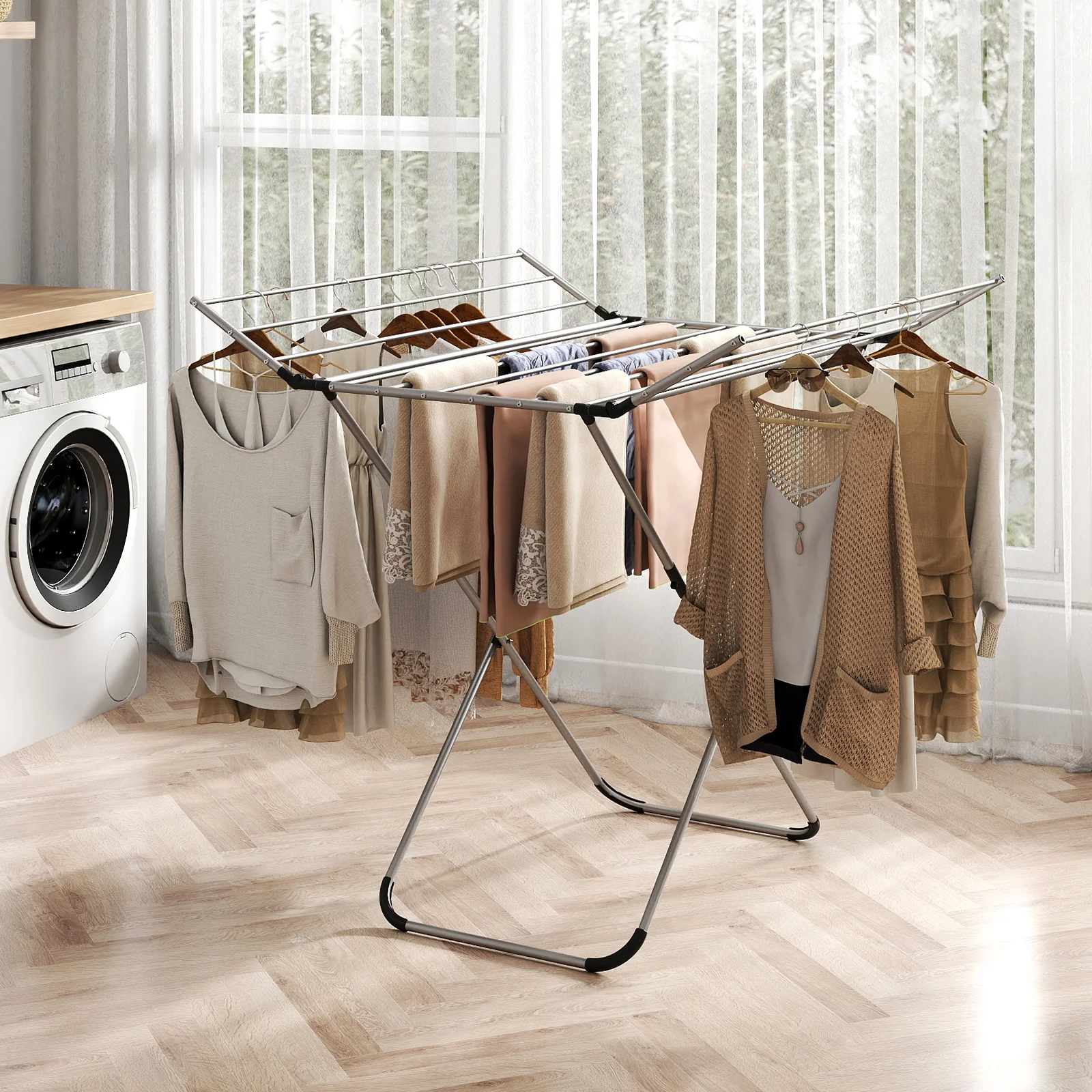 Folding Aluminum Clothes Drying Rack with 2 Side Wings - Image 3