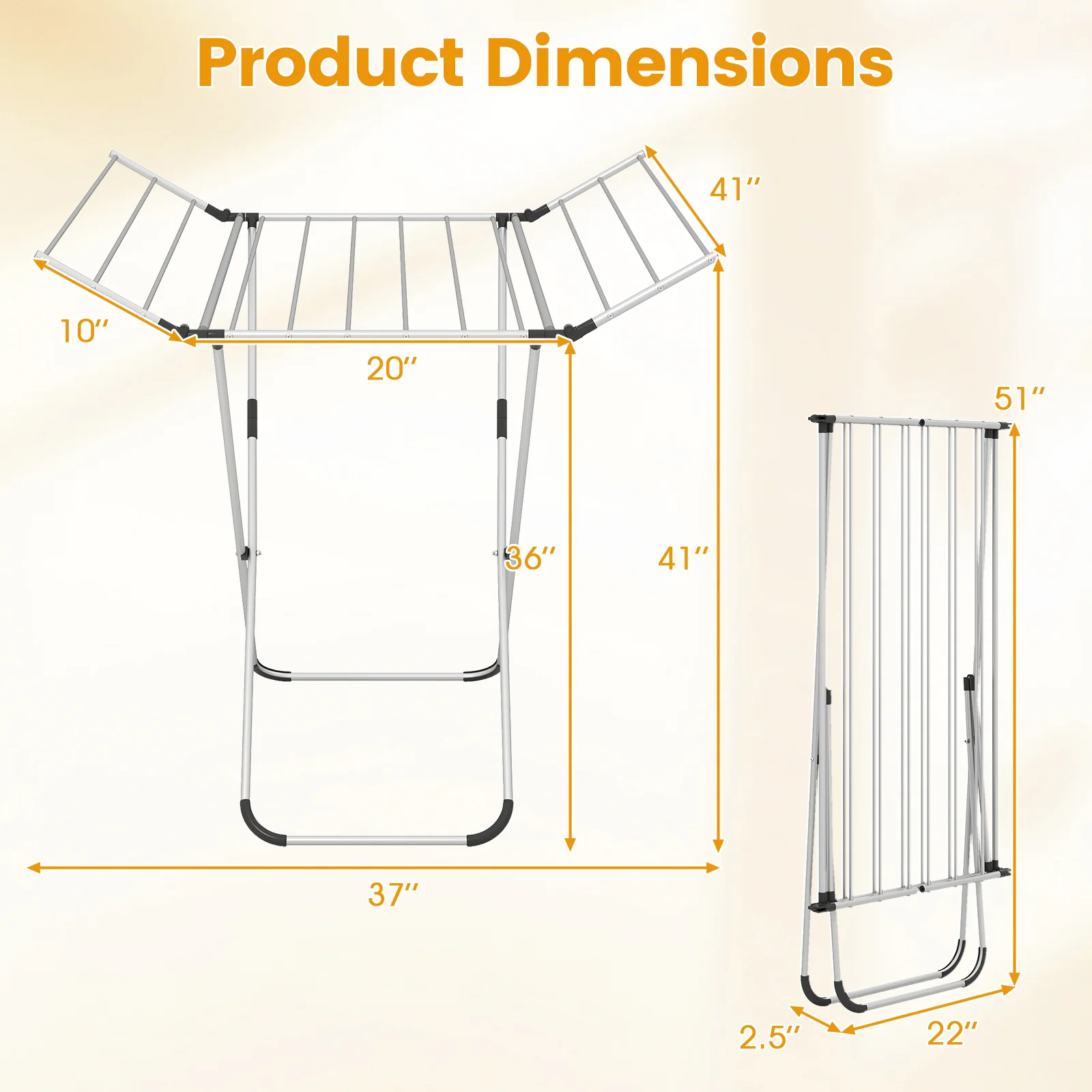 Folding Aluminum Clothes Drying Rack with 2 Side Wings - Image 7