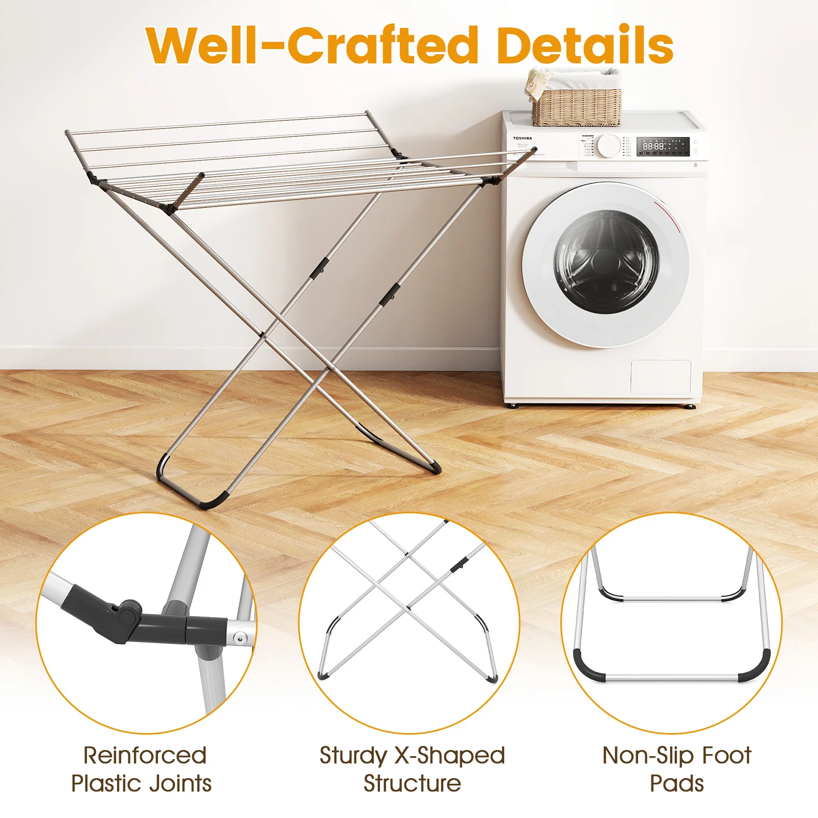 Folding Aluminum Clothes Drying Rack with 2 Side Wings - Image 8