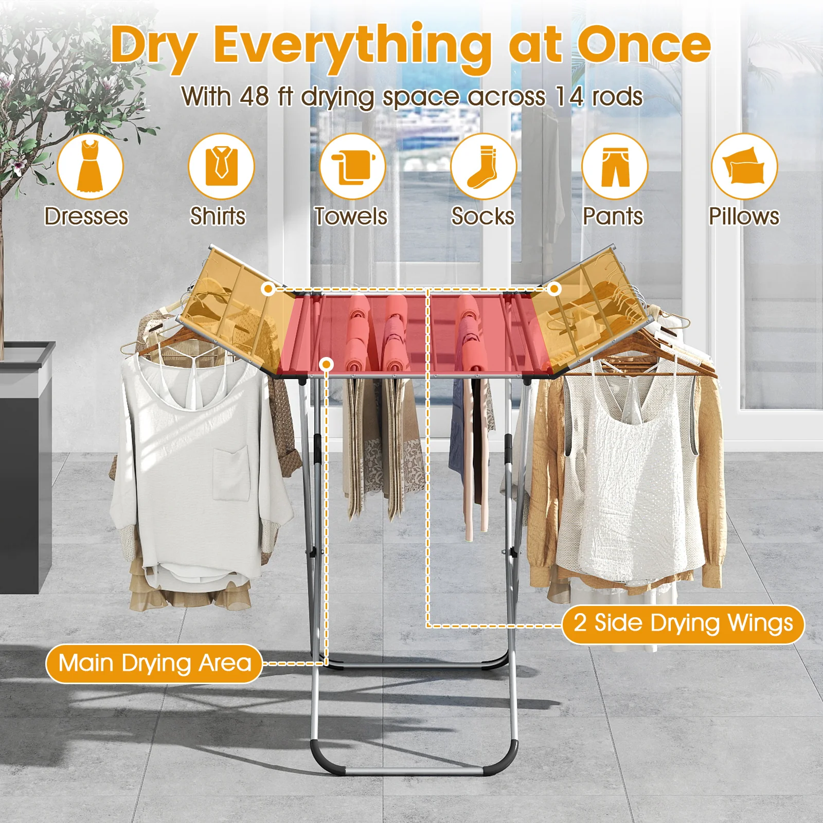 Folding Aluminum Clothes Drying Rack with 2 Side Wings - Image 9