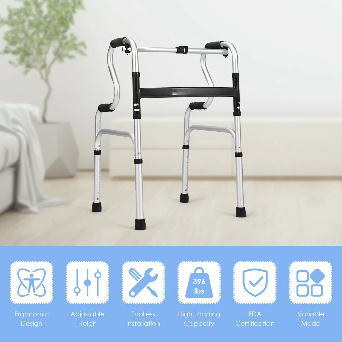 Folding Aluminum Walking Frame Walker, Silver - Image 3