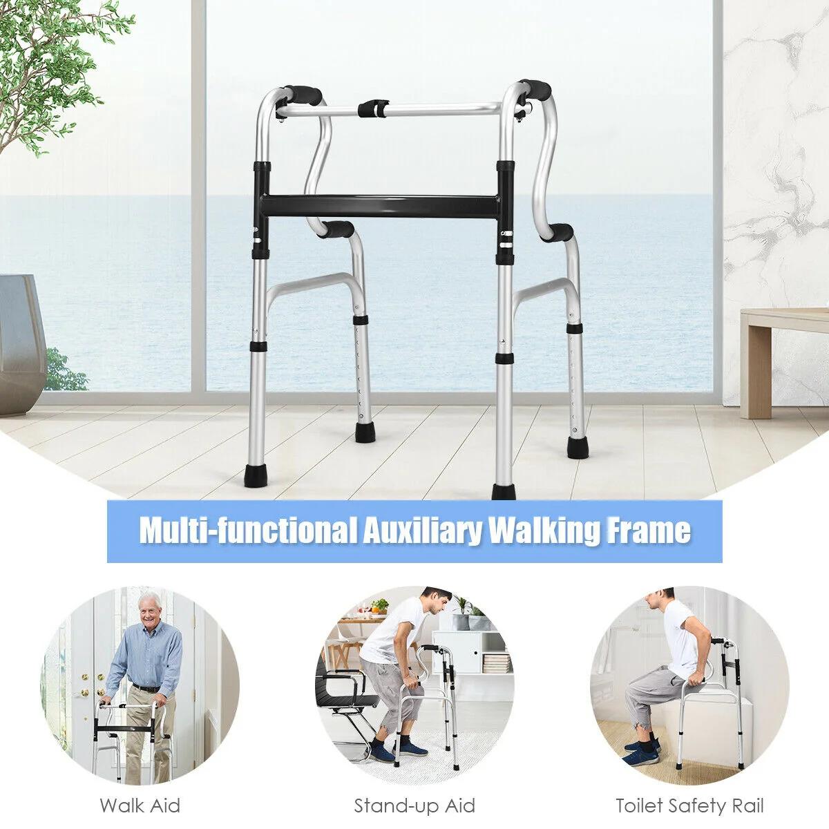 Folding Aluminum Walking Frame Walker, Silver - Image 7