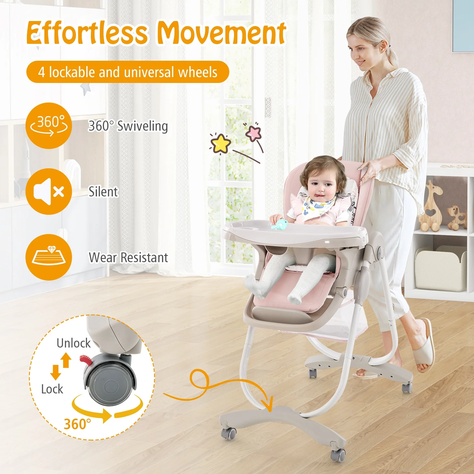 Folding Baby High Chair With Rolling Wheels, Adjustable Height, Pink - Image 10