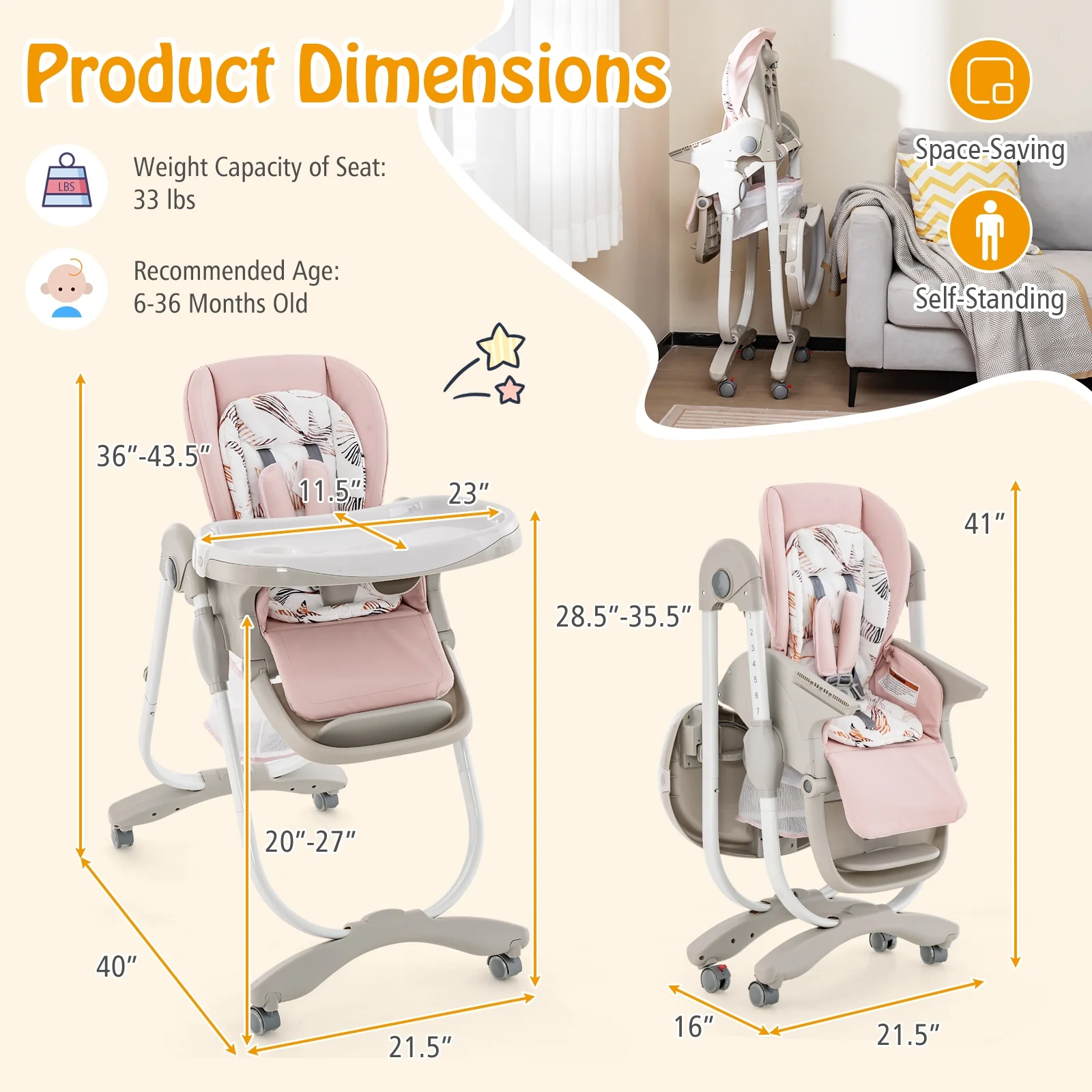 Folding Baby High Chair With Rolling Wheels, Adjustable Height, Pink - Image 5