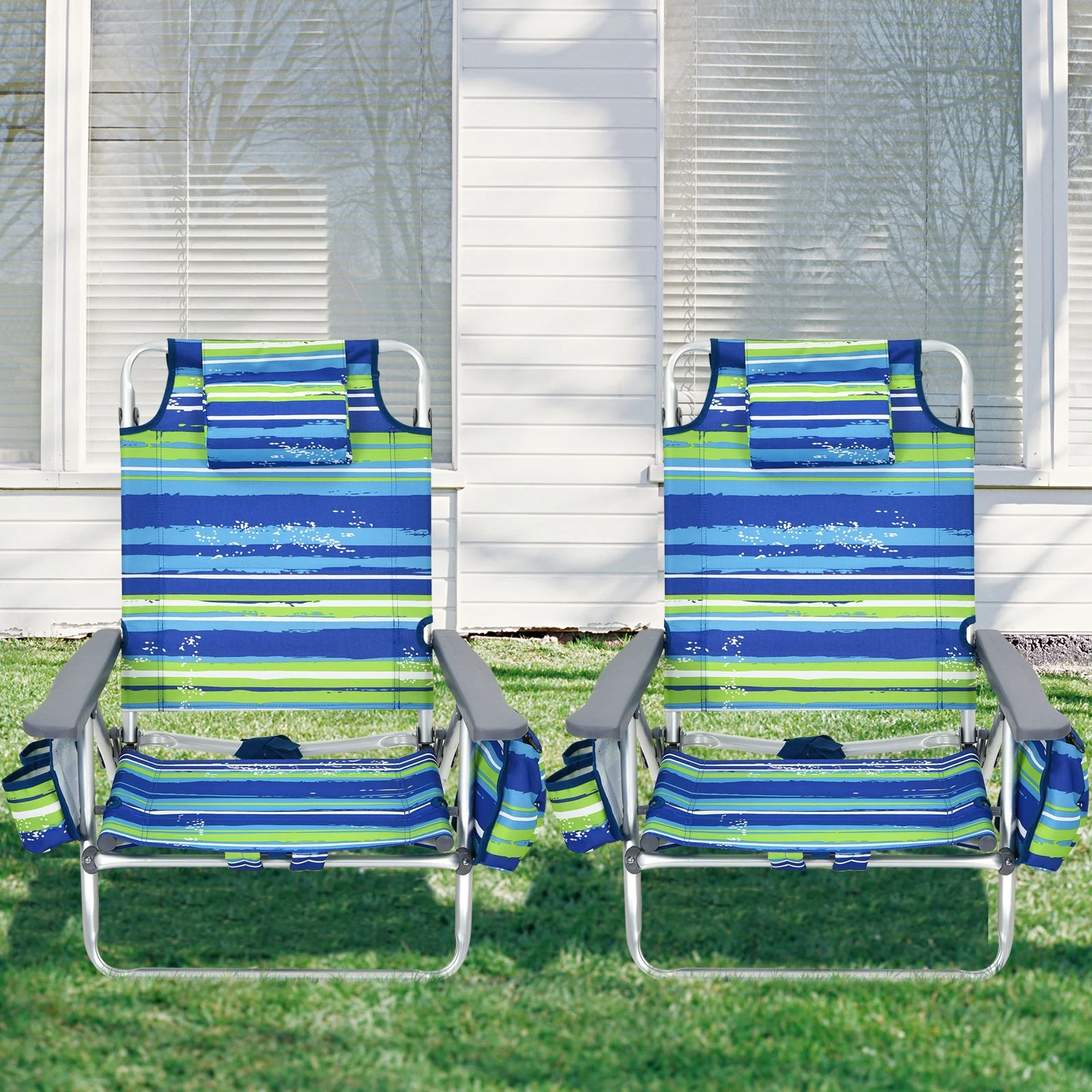 Folding Backpack Beach Chair, 5-Position Reclining, Blue - Image 9