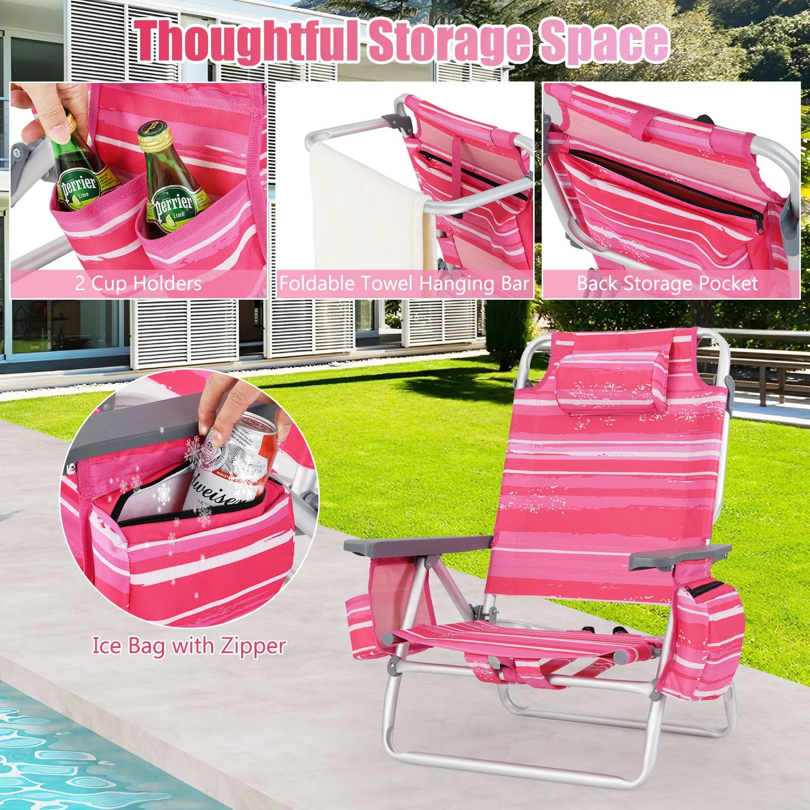 Folding Backpack Beach Chair With Pillow, 2 Pieces, Red & White - Image 10