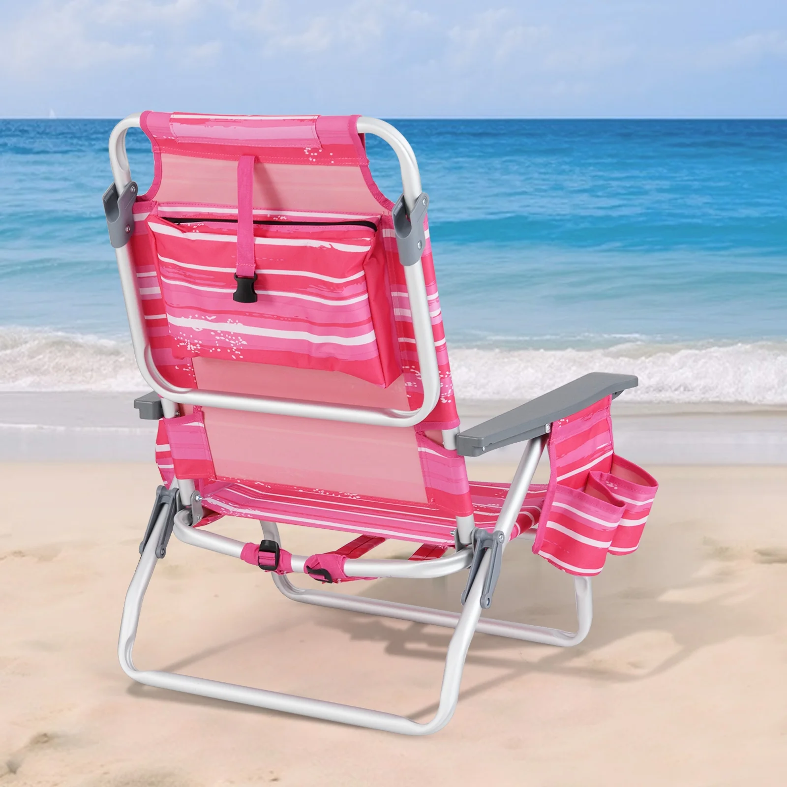 Folding Backpack Beach Chair With Pillow, 2 Pieces, Red & White - Image 2